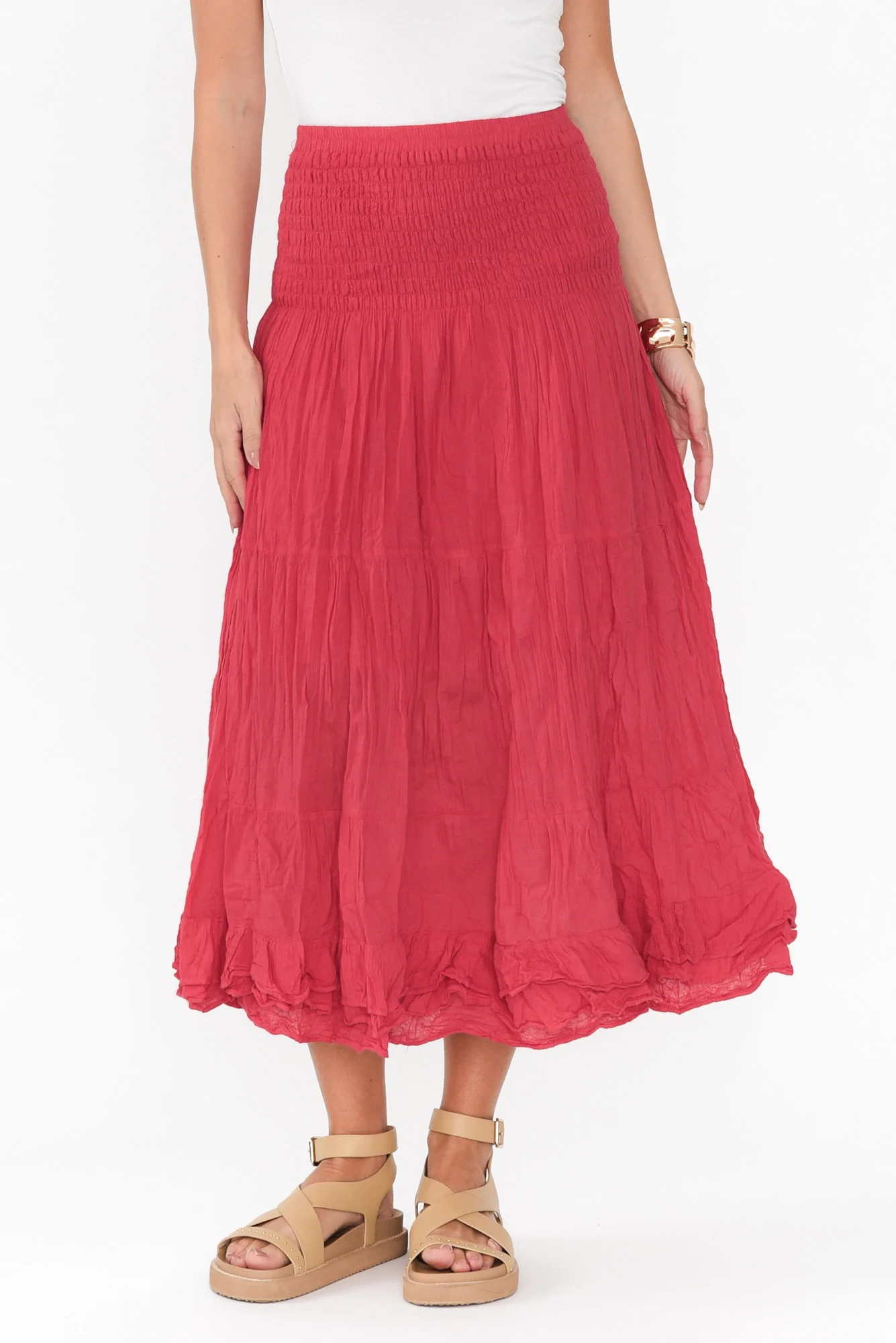 Berry Crinkle Cotton Midi Skirt