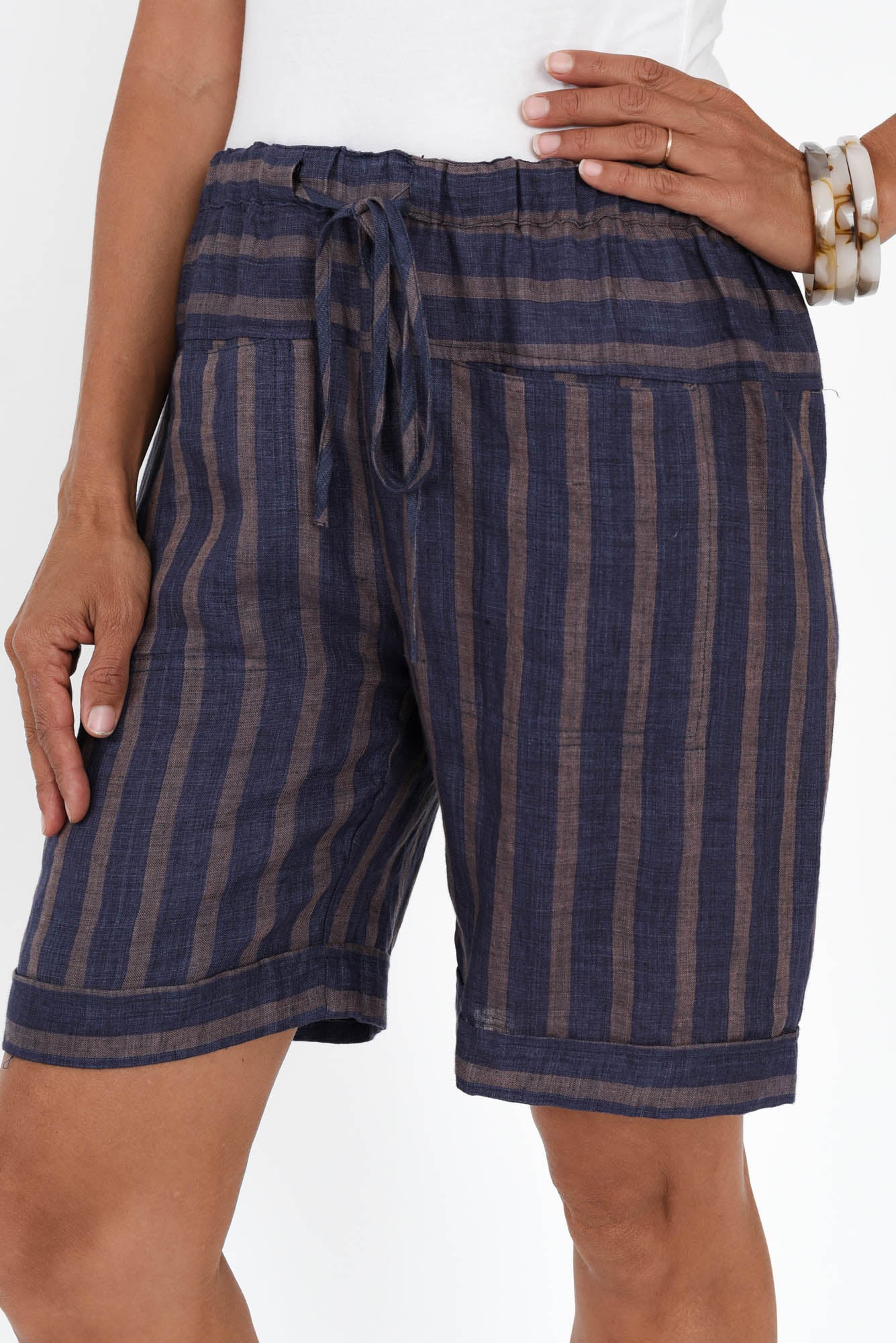 Arwen Navy Stripe Linen Drawstring Shorts