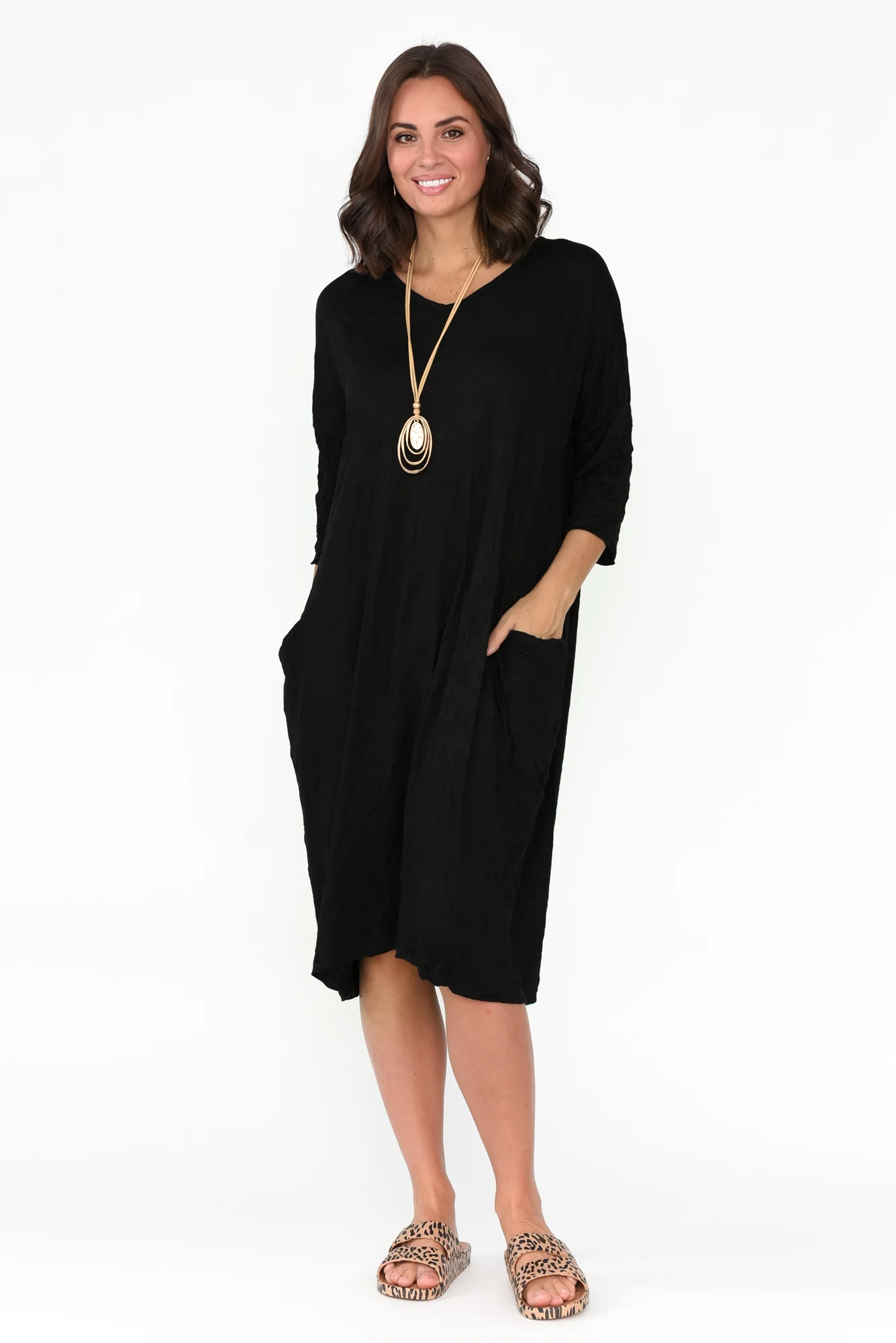 Travel Black Crinkle Cotton Sleeved Dress