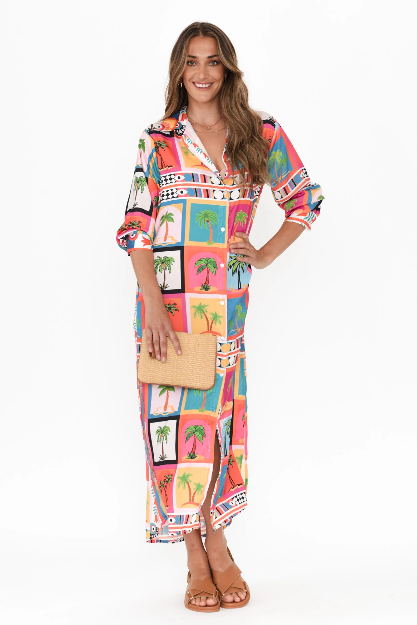 Shayli Pink Tropical Shirt Dress