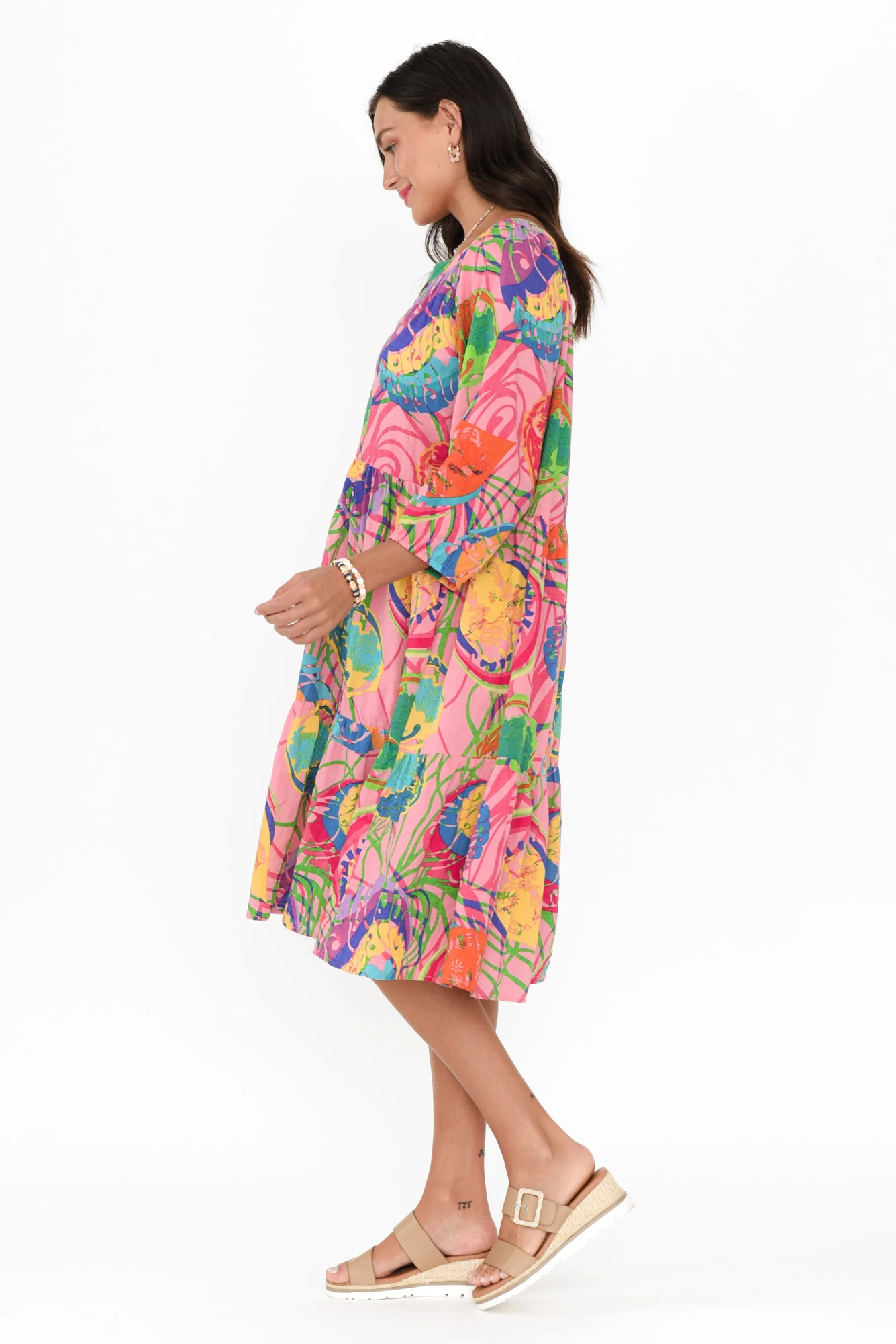 Irene Pink Tropical Cotton Blend Dress