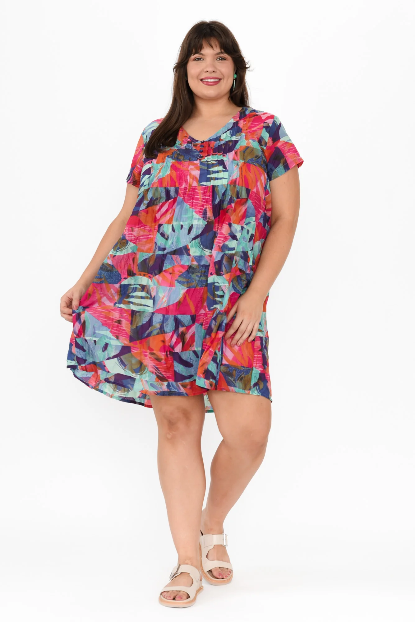 Sabina Fuchsia Geo Crinkle Cotton Dress