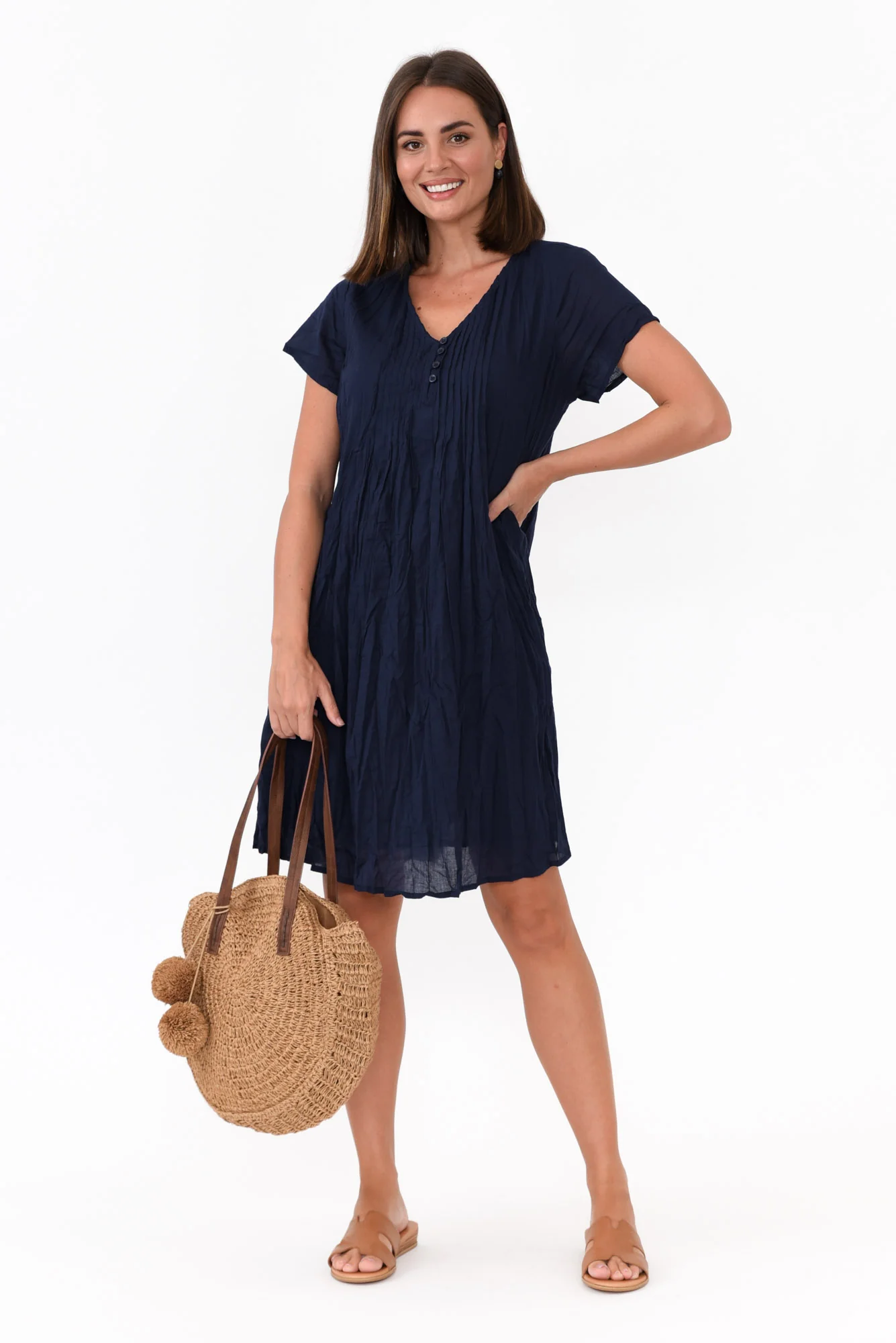 Sabina Navy Crinkle Cotton Dress
