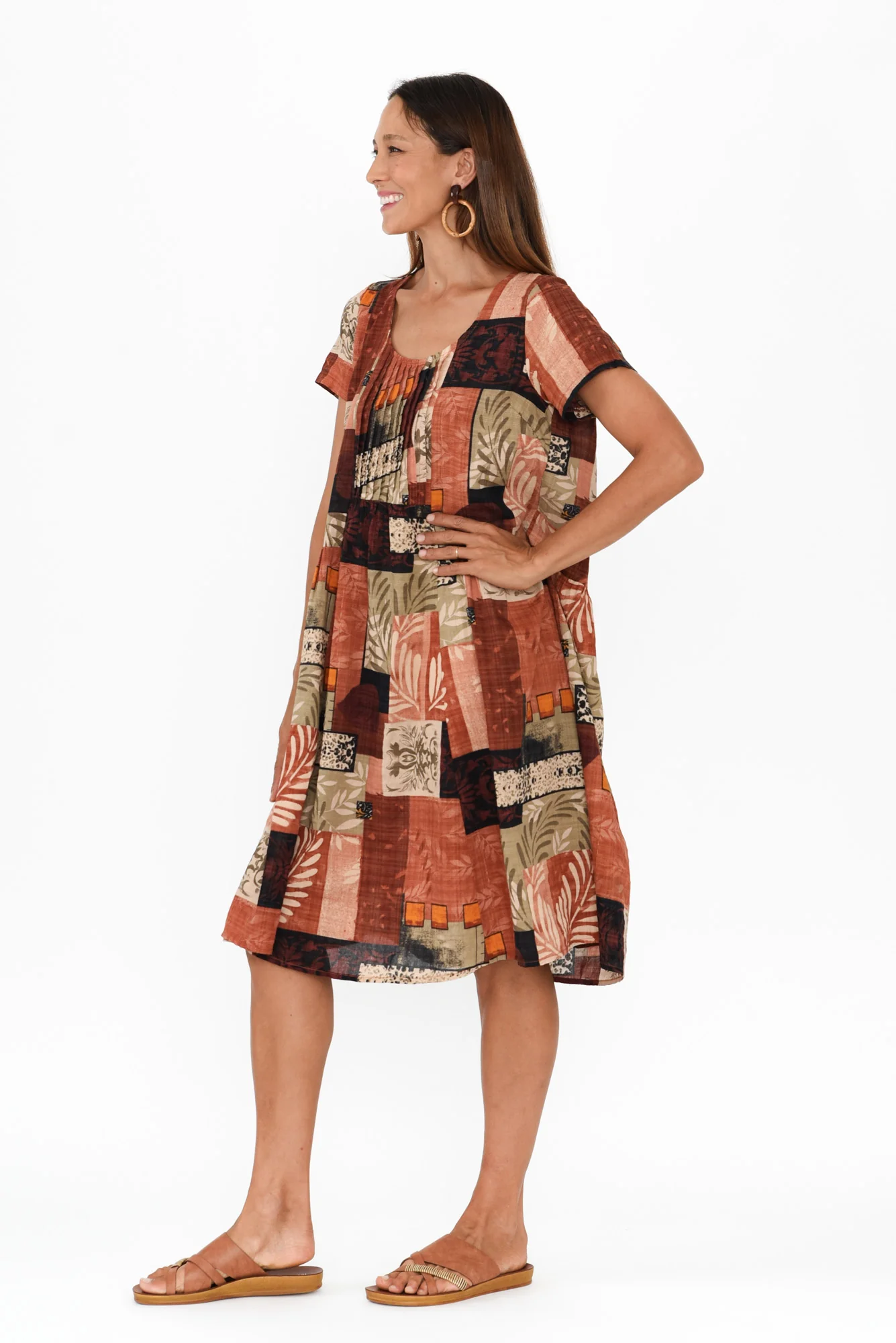 Hanoi Brown Patchwork Cotton Blend Dress
