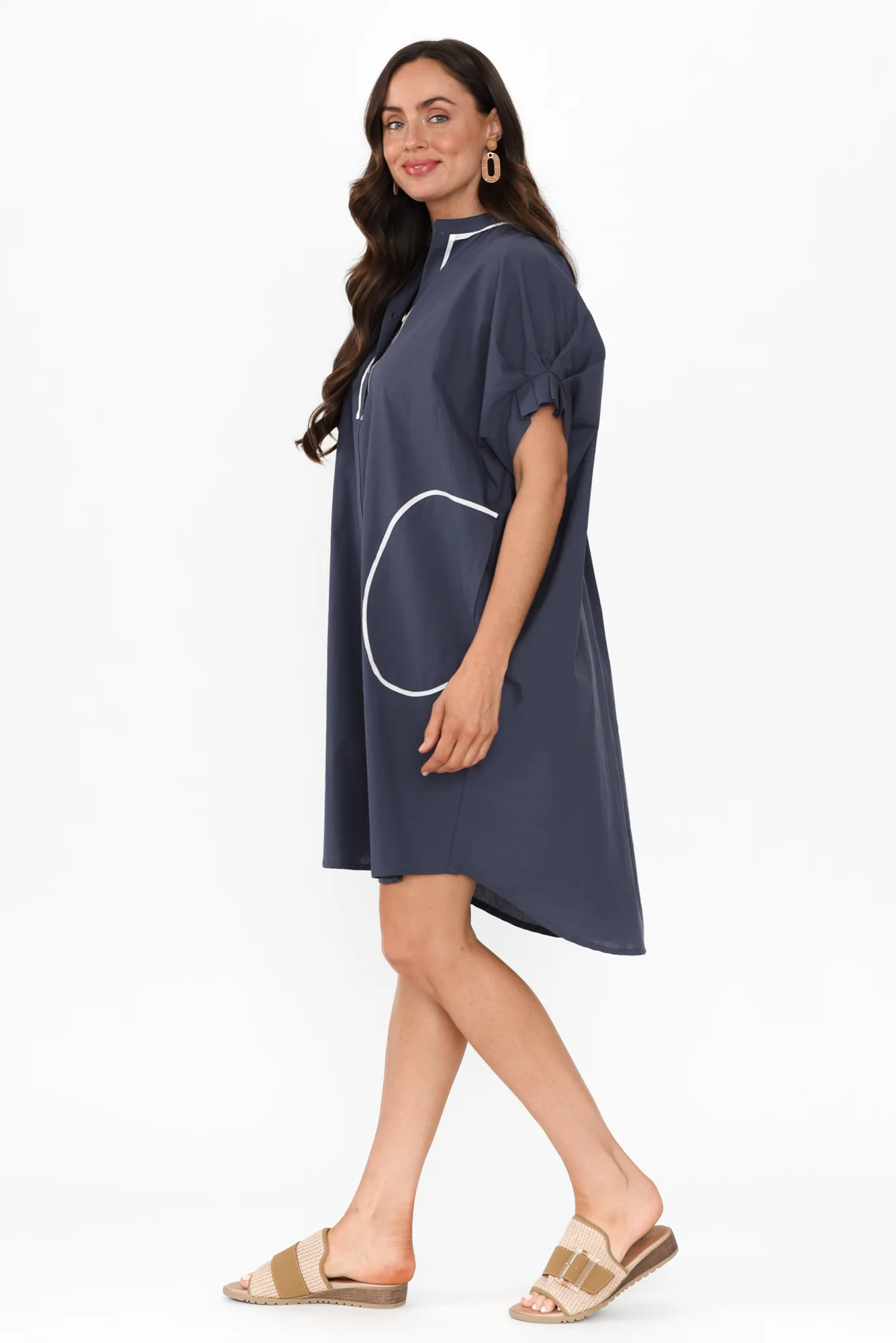 Ellen Navy Contrast Cotton Poplin Dress