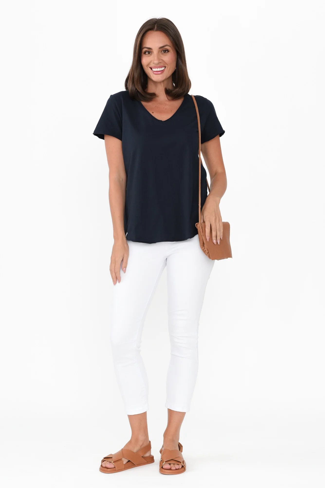 Maggie Navy Cotton Vee Tee