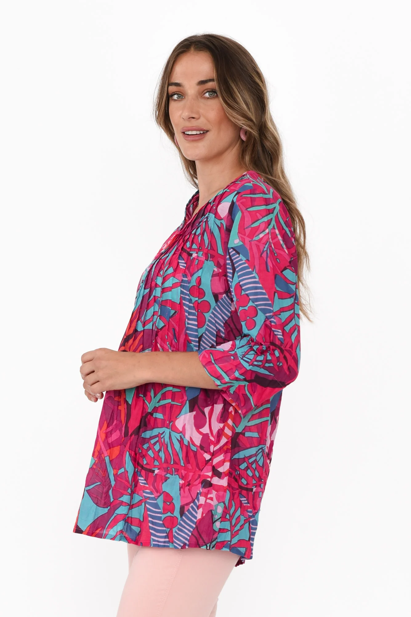 Fia Pink Jungle Sleeved Crinkle Cotton Top