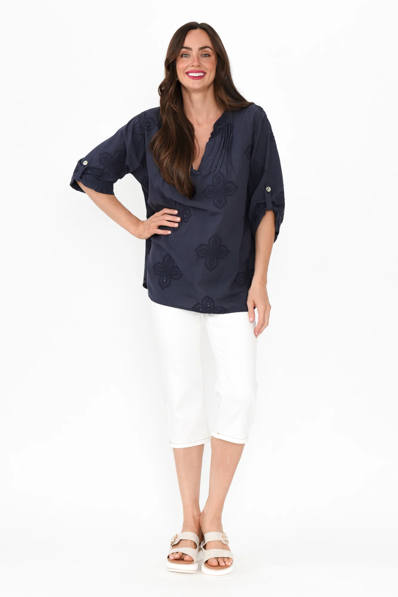 Marla Navy Cotton Embroidered Top