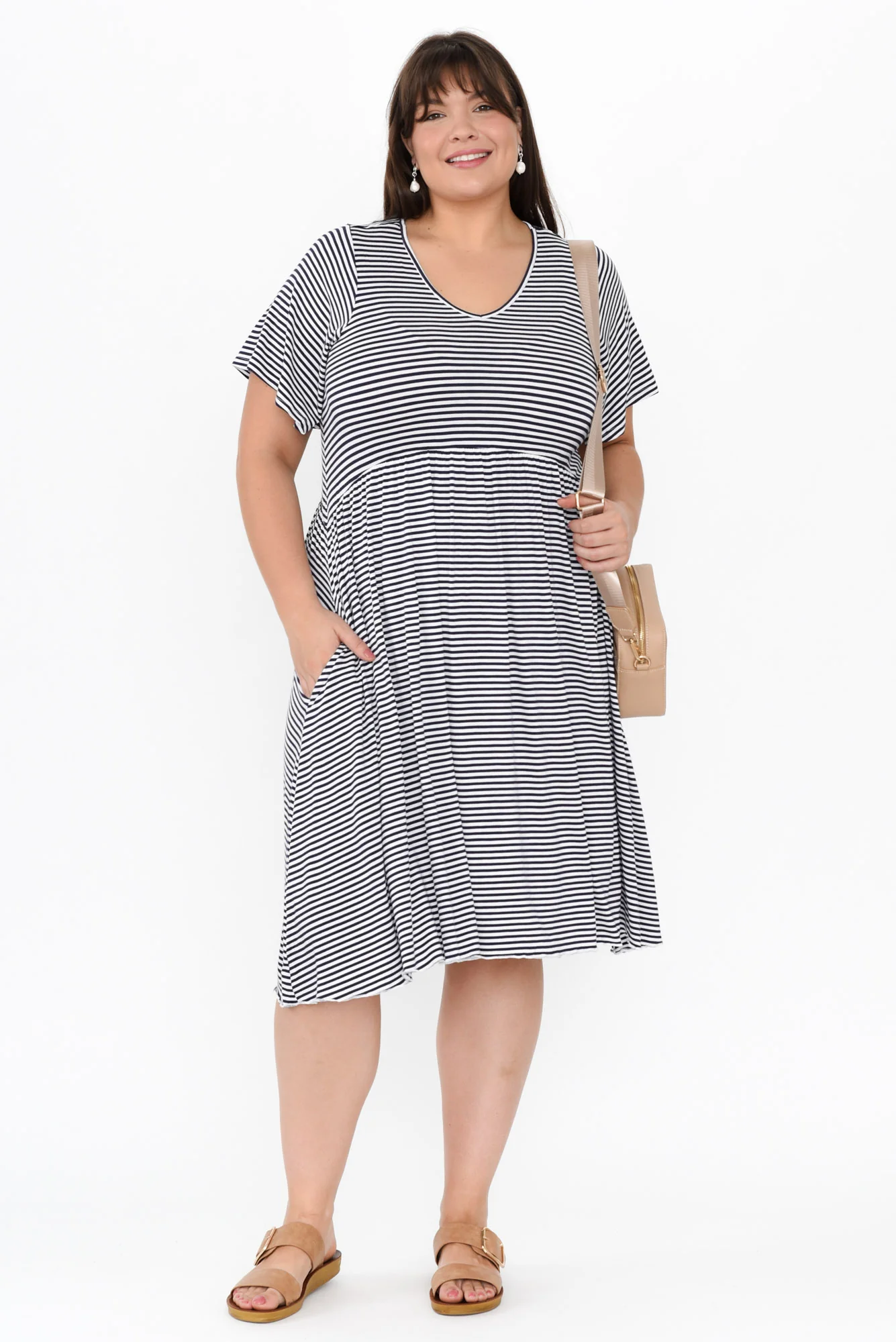 Donna Navy Stripe Gathered Dress