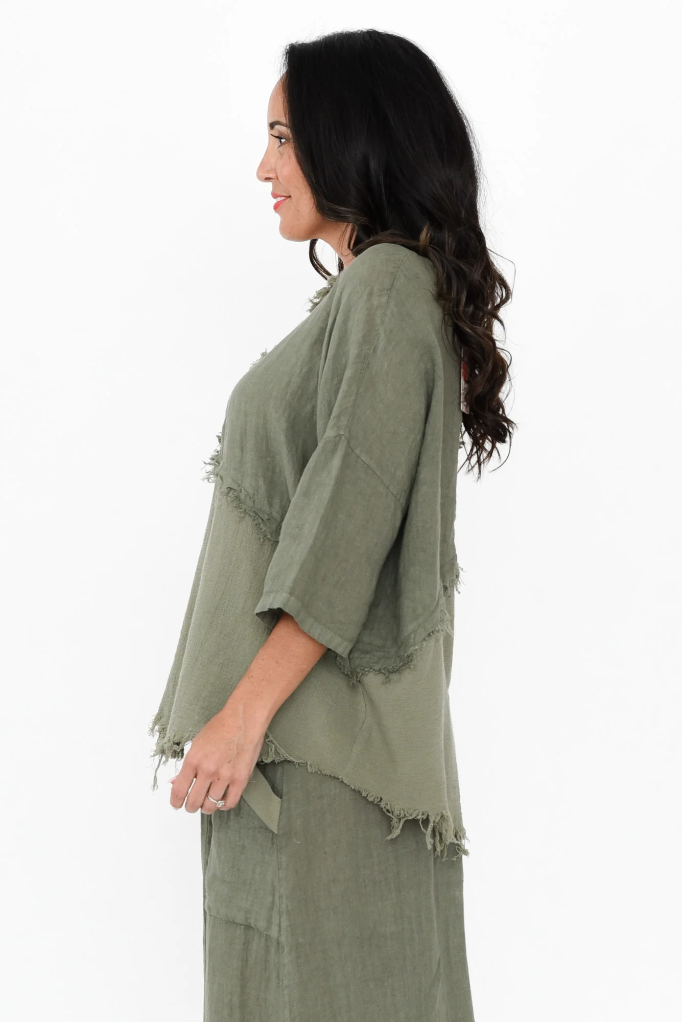 Denae Khaki Linen Frayed Top