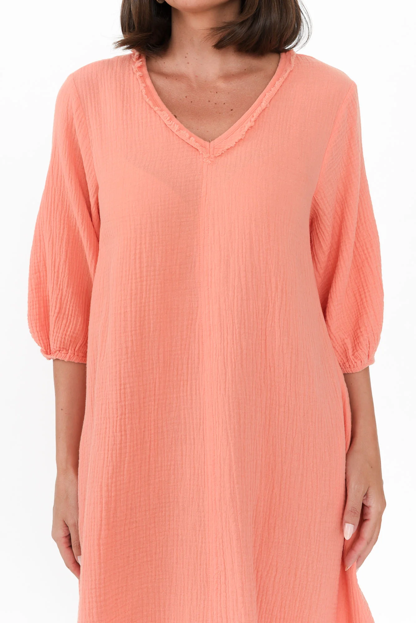 Cordelia Apricot Cotton Cheesecloth Pocket Dress