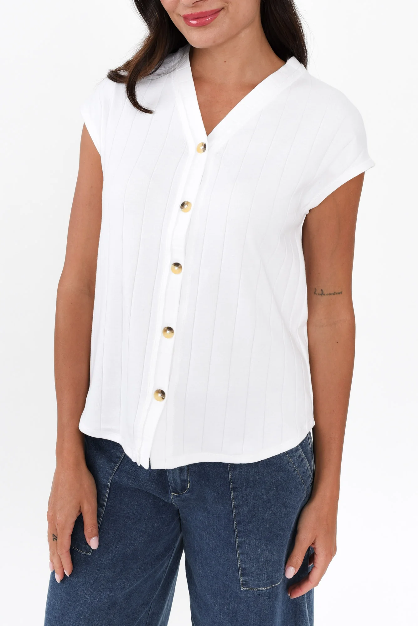 Dori White Cotton Blend Ribbed Top
