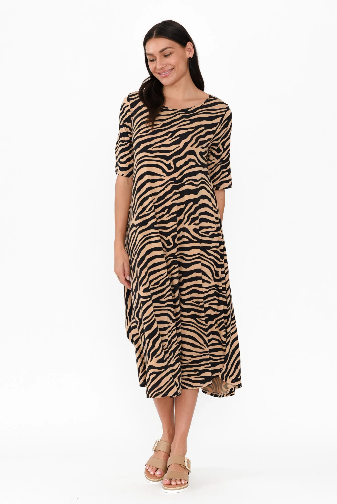 Tan Zebra Micro Modal Tri Drape Dress
