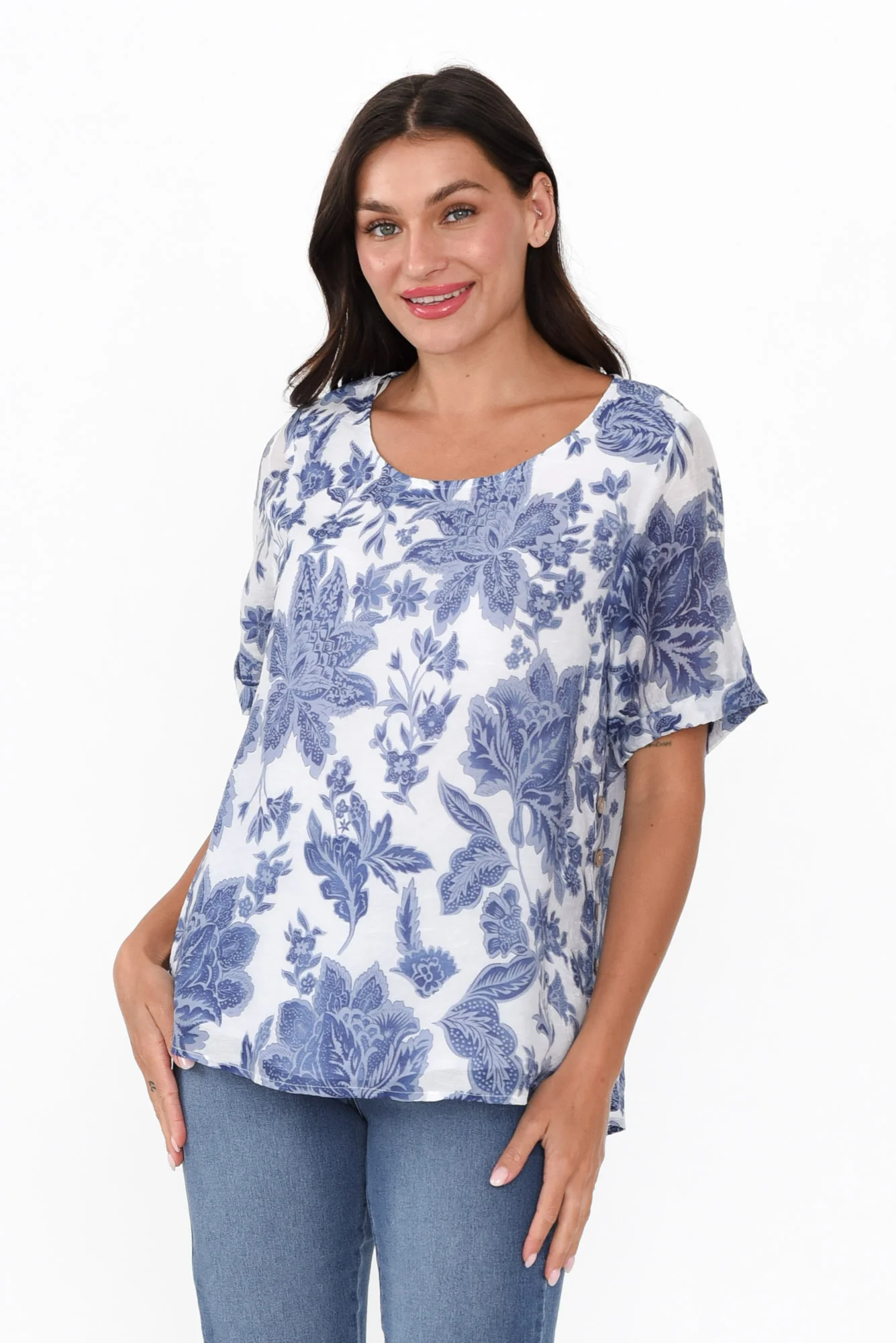 Perry Blue Floral Button Top