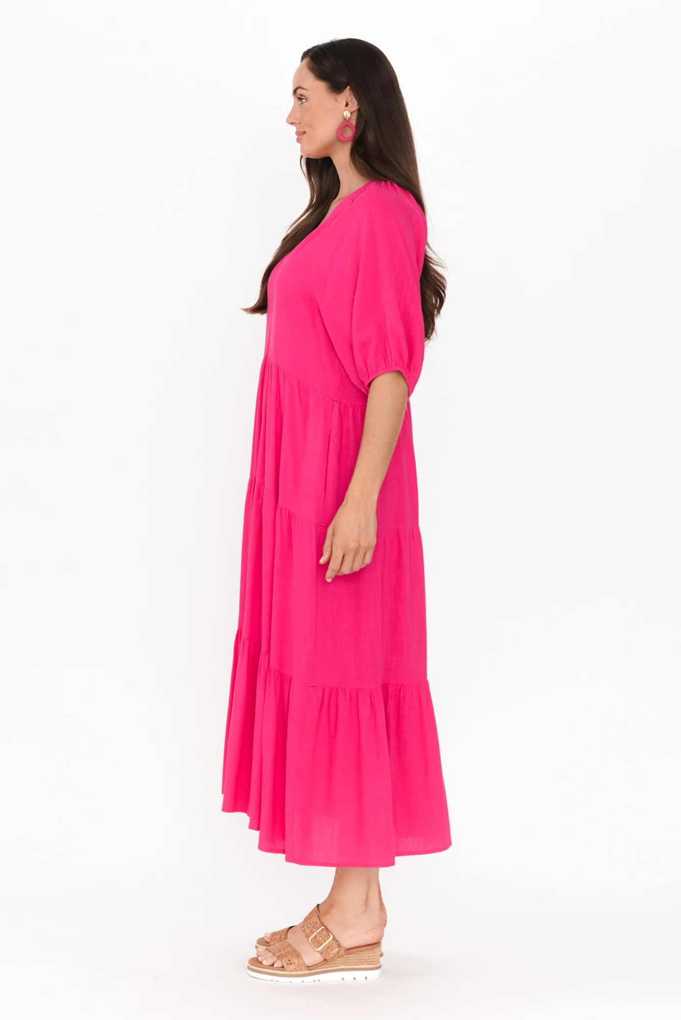 Imogene Hot Pink Cotton Linen Tiered Dress