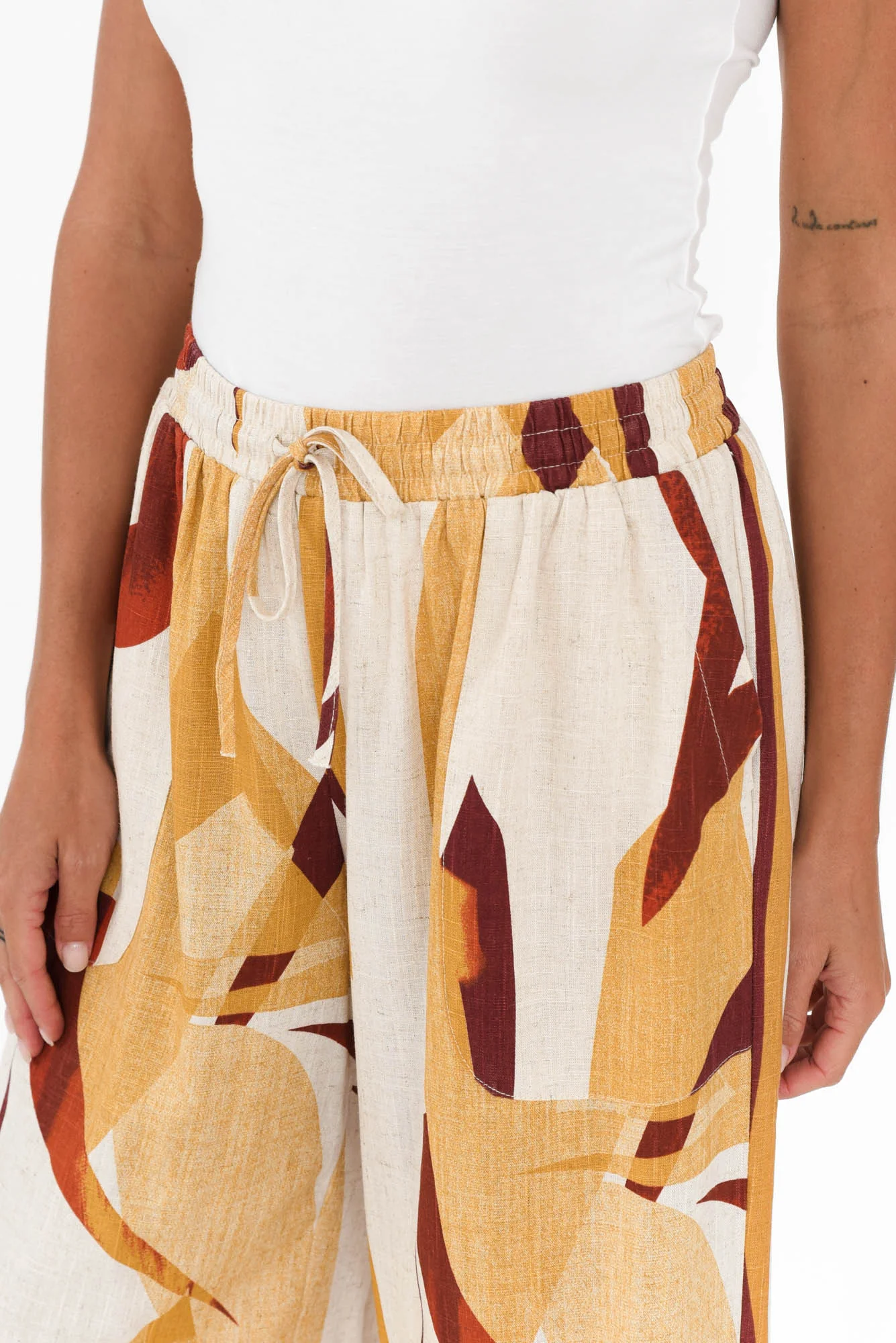 Minnelli Beige Abstract Linen Cotton Pants