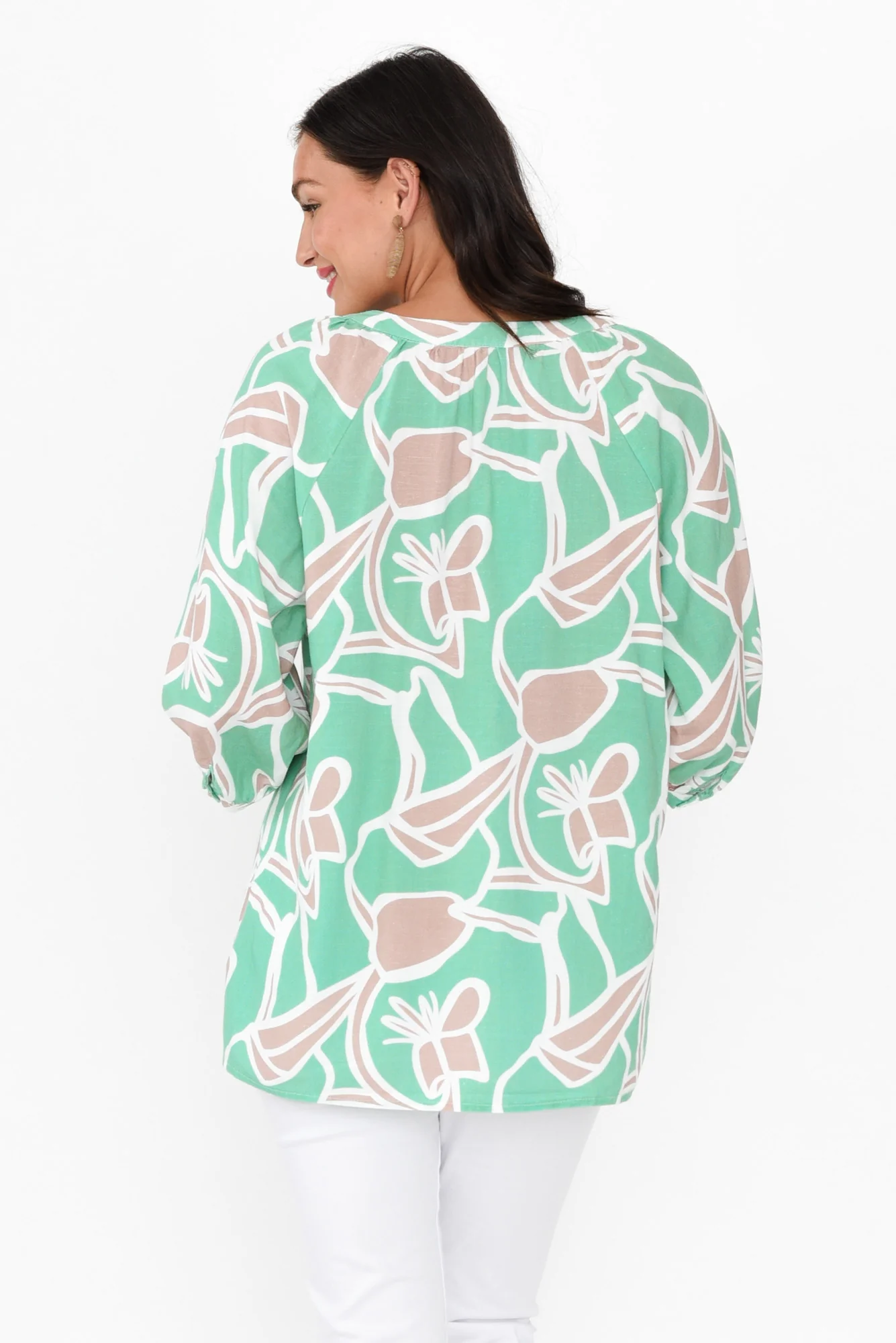 Noosa Green Abstract Linen Blend Top