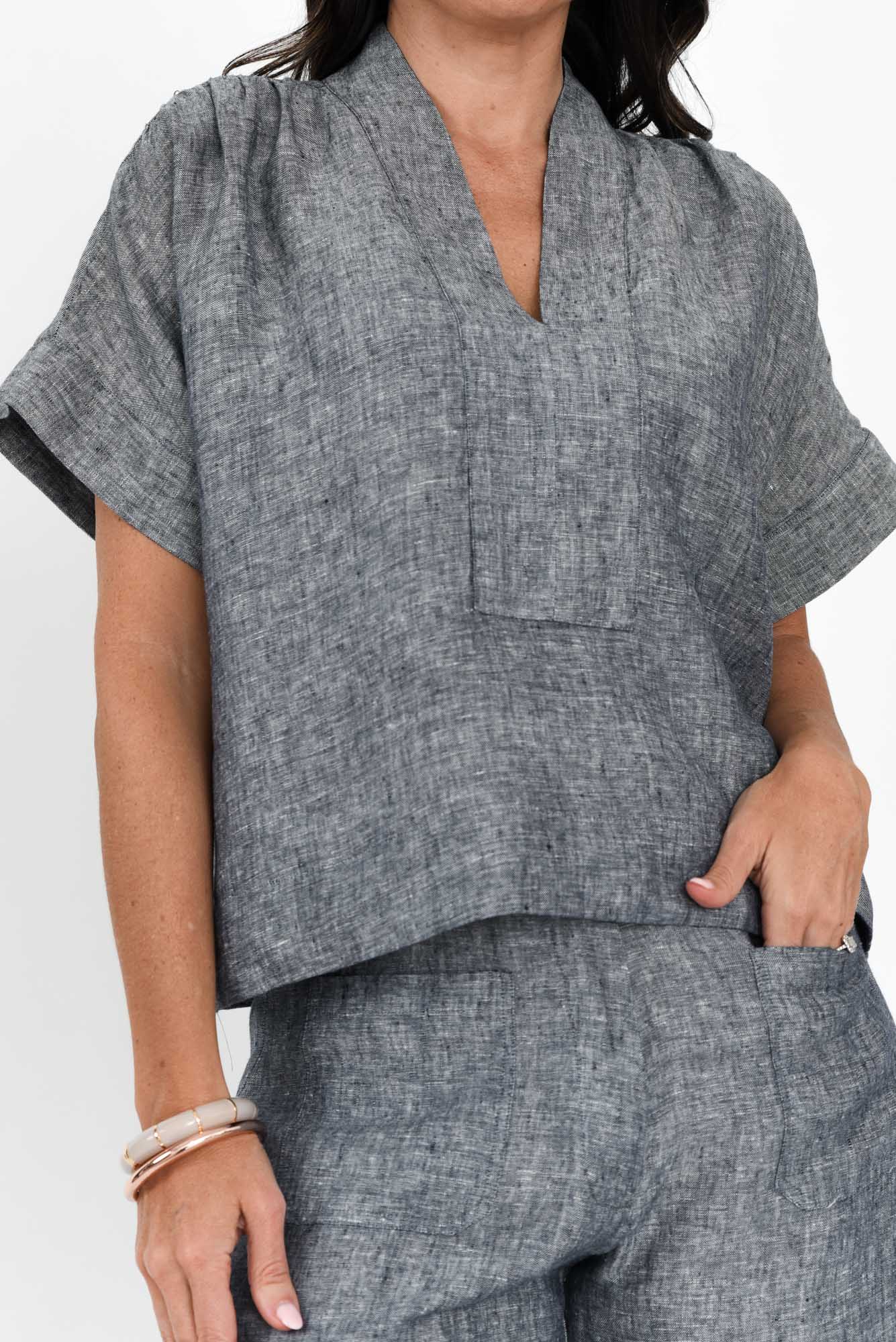 Joss Grey Linen V Neck Top
