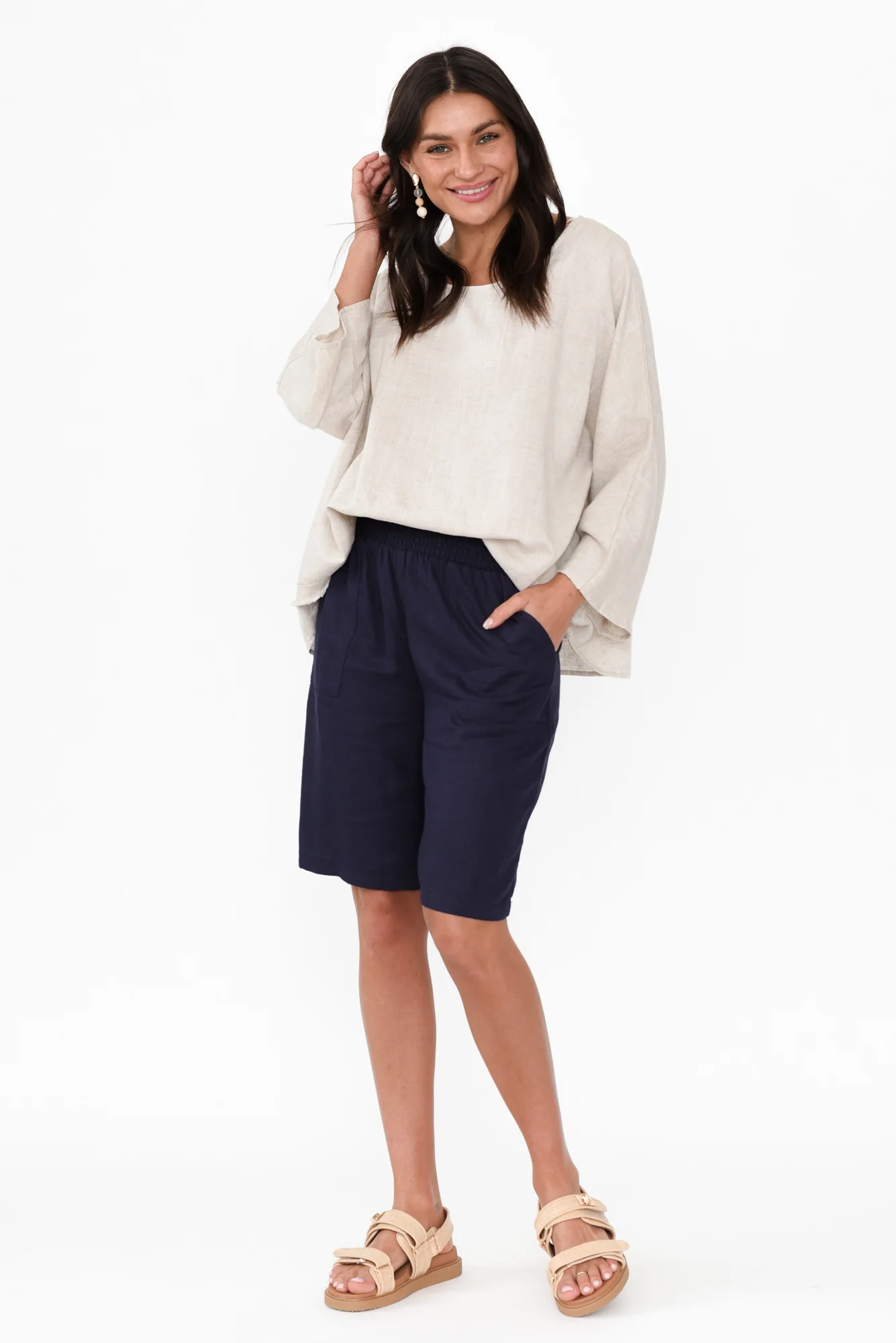 Leigh Navy Linen Blend Bermuda Shorts