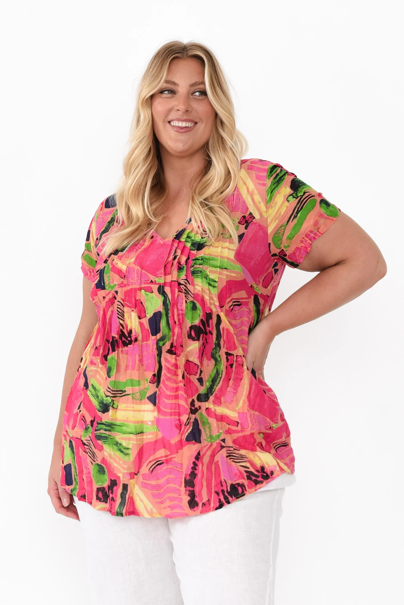 Fia Pink Mosaic Crinkle Cotton Top