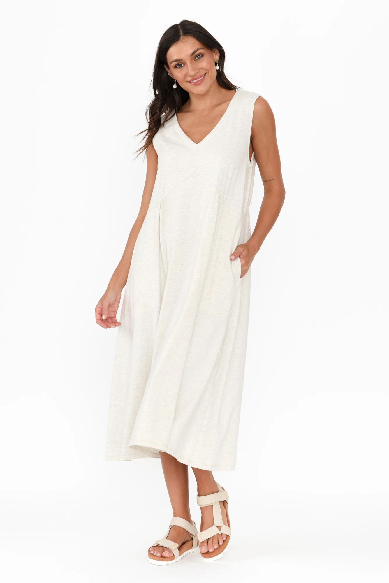 Tarah Grey Marle Cotton Stretch V Neck Dress