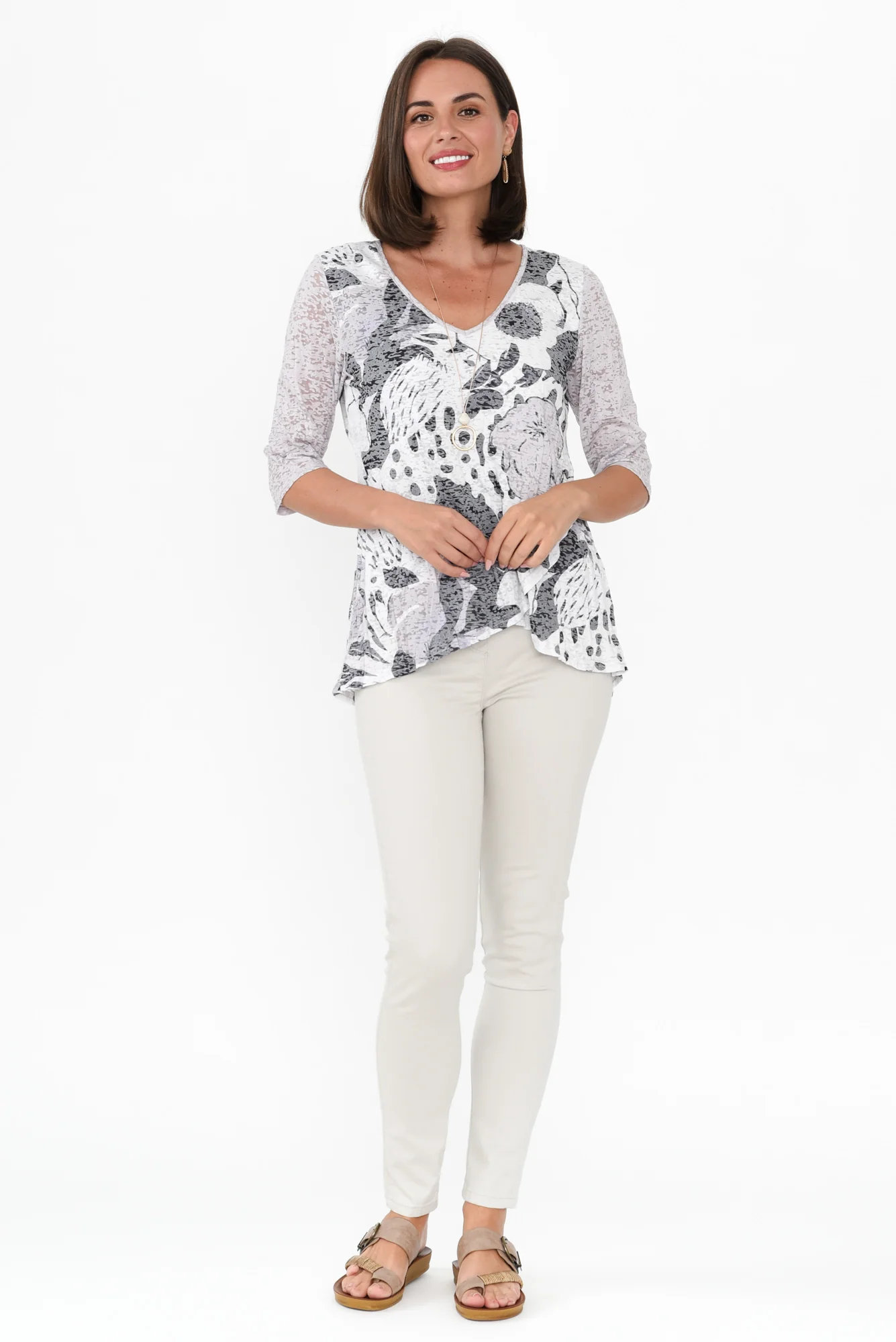 Skyros White Floral 3/4 Sleeve Top