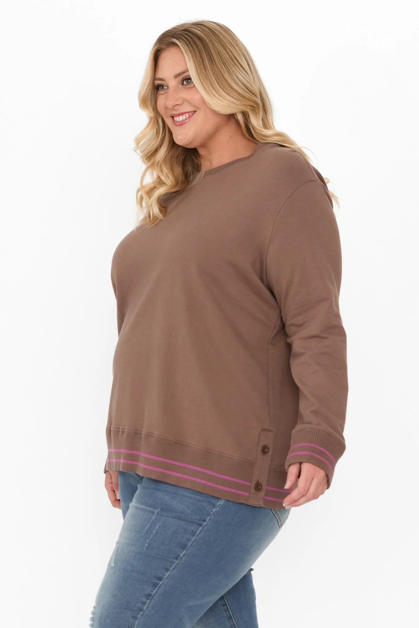 Leonie Brown Trim Cotton Blend Top