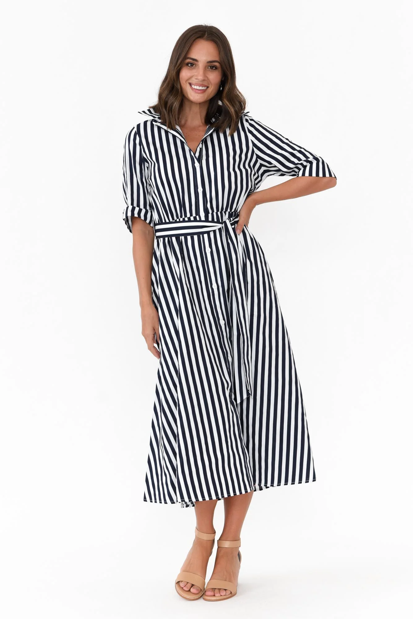 Grace Navy Stripe Cotton Poplin Dress