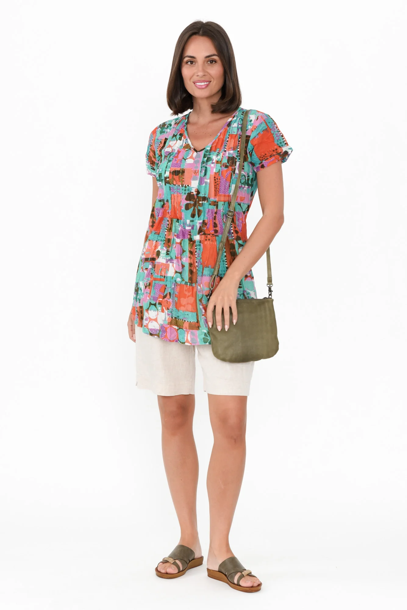 Fia Teal Patchwork Crinkle Cotton Top