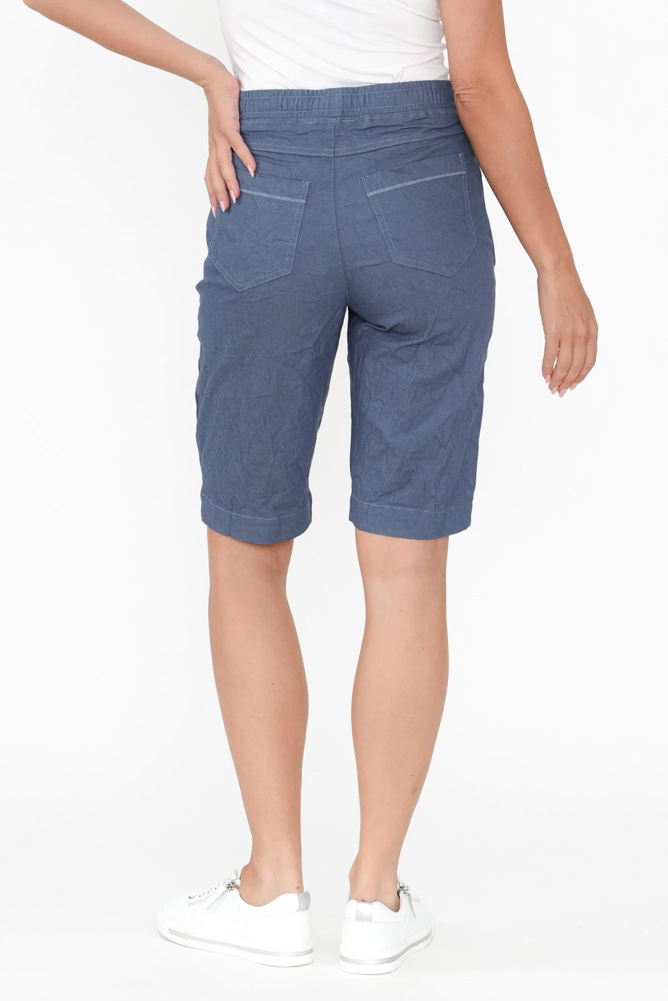 Asha Blue Cotton Blend Drawstring Shorts