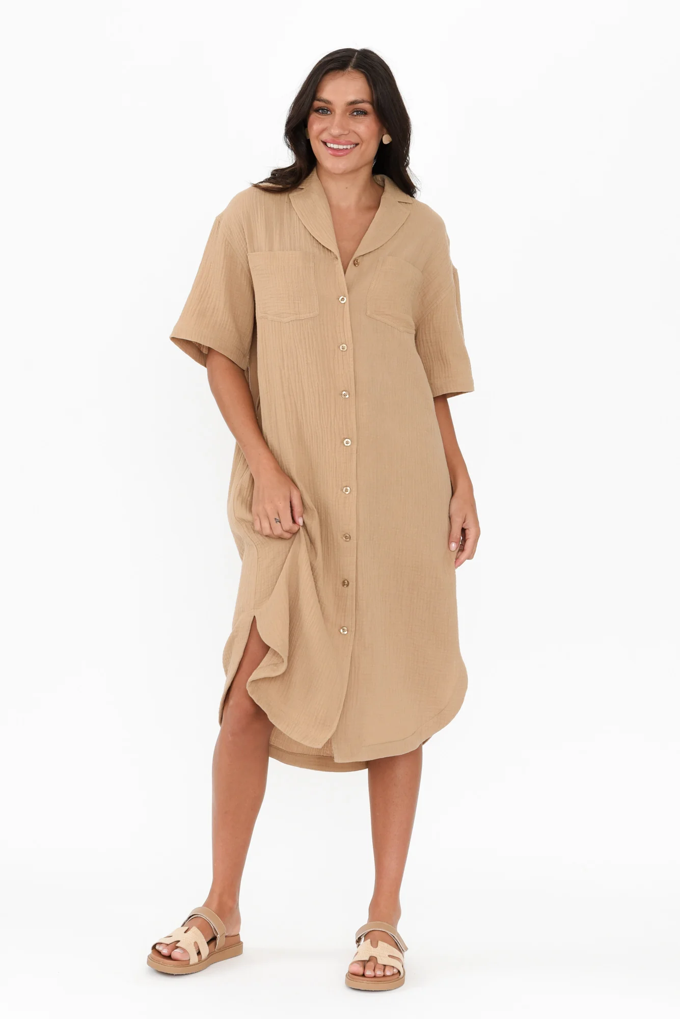 Tahiti Beige Cotton Cheesecloth Tie Dress