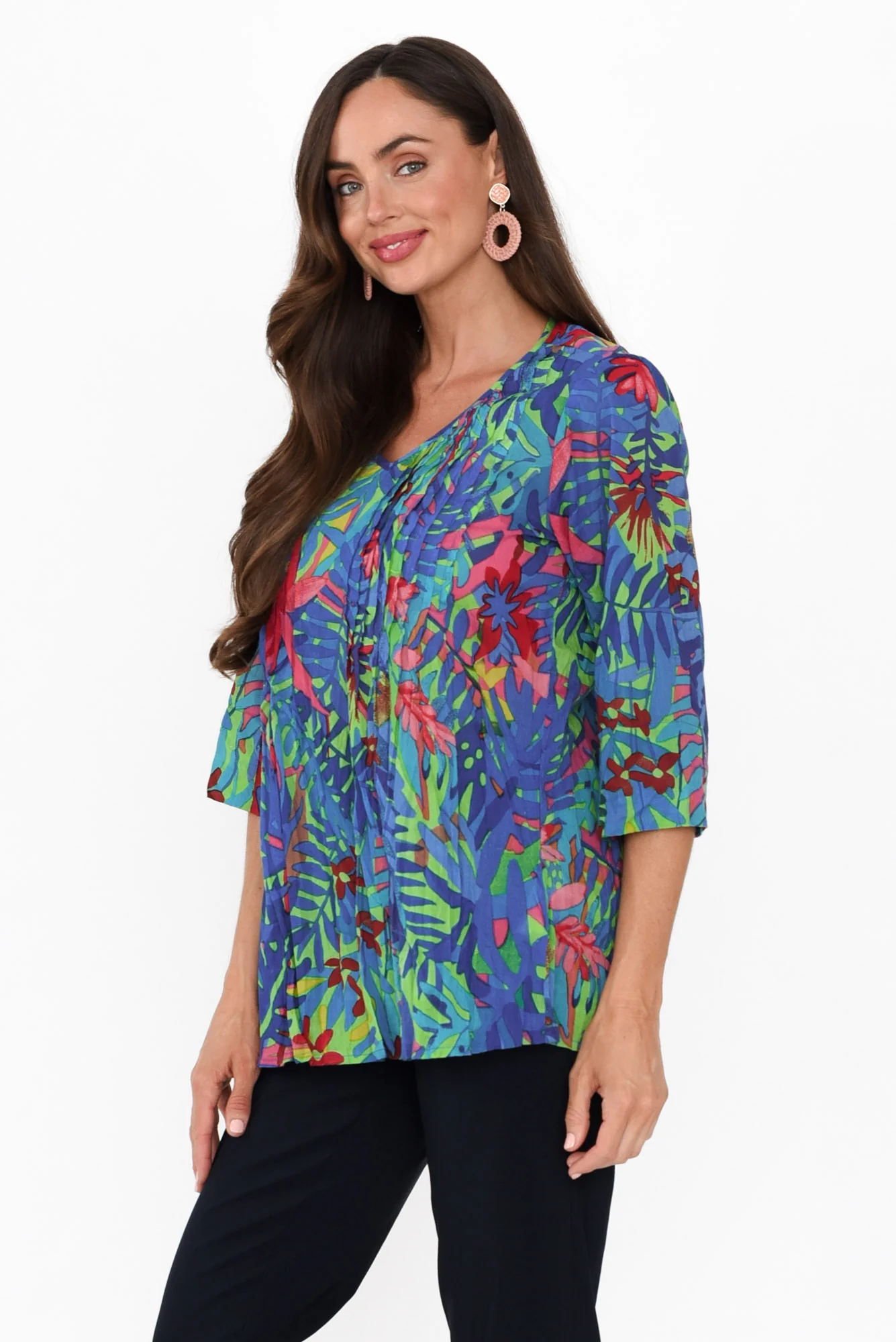 Fia Blue Jungle Sleeved Crinkle Cotton Top