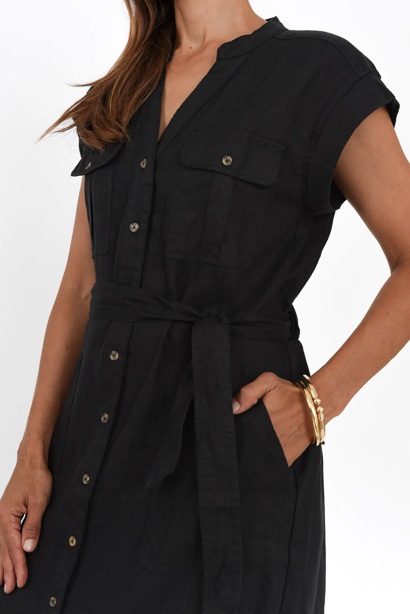 Harlow Black Linen Belted Dress