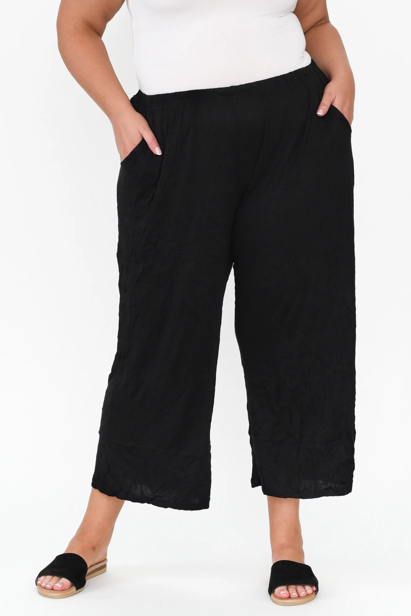 Lira Black Crinkle Cotton Wide Leg Pants