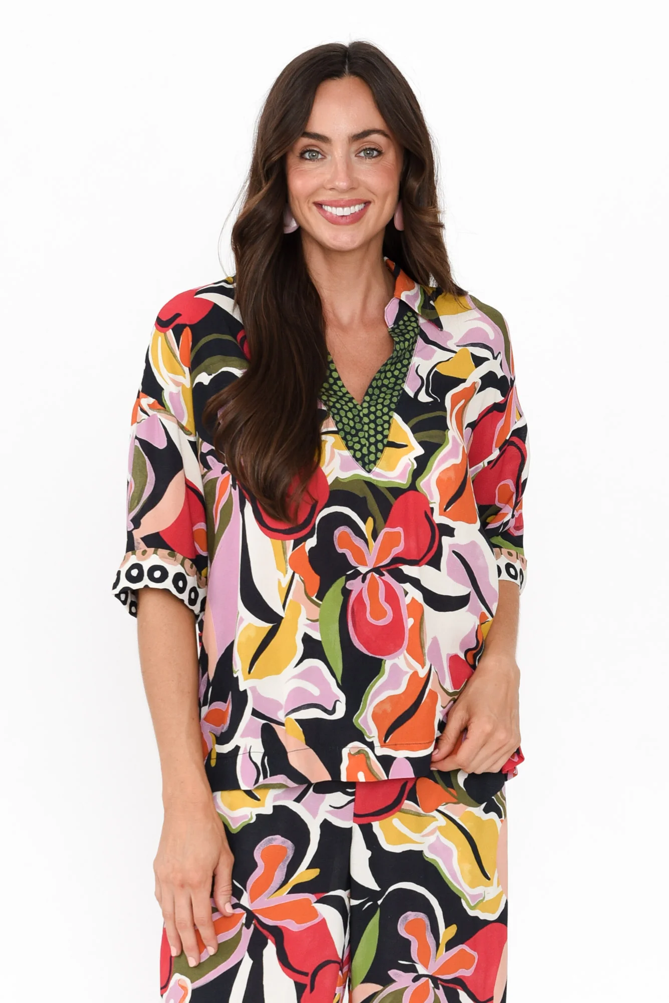 Rowi Black Tropical V Neck Top