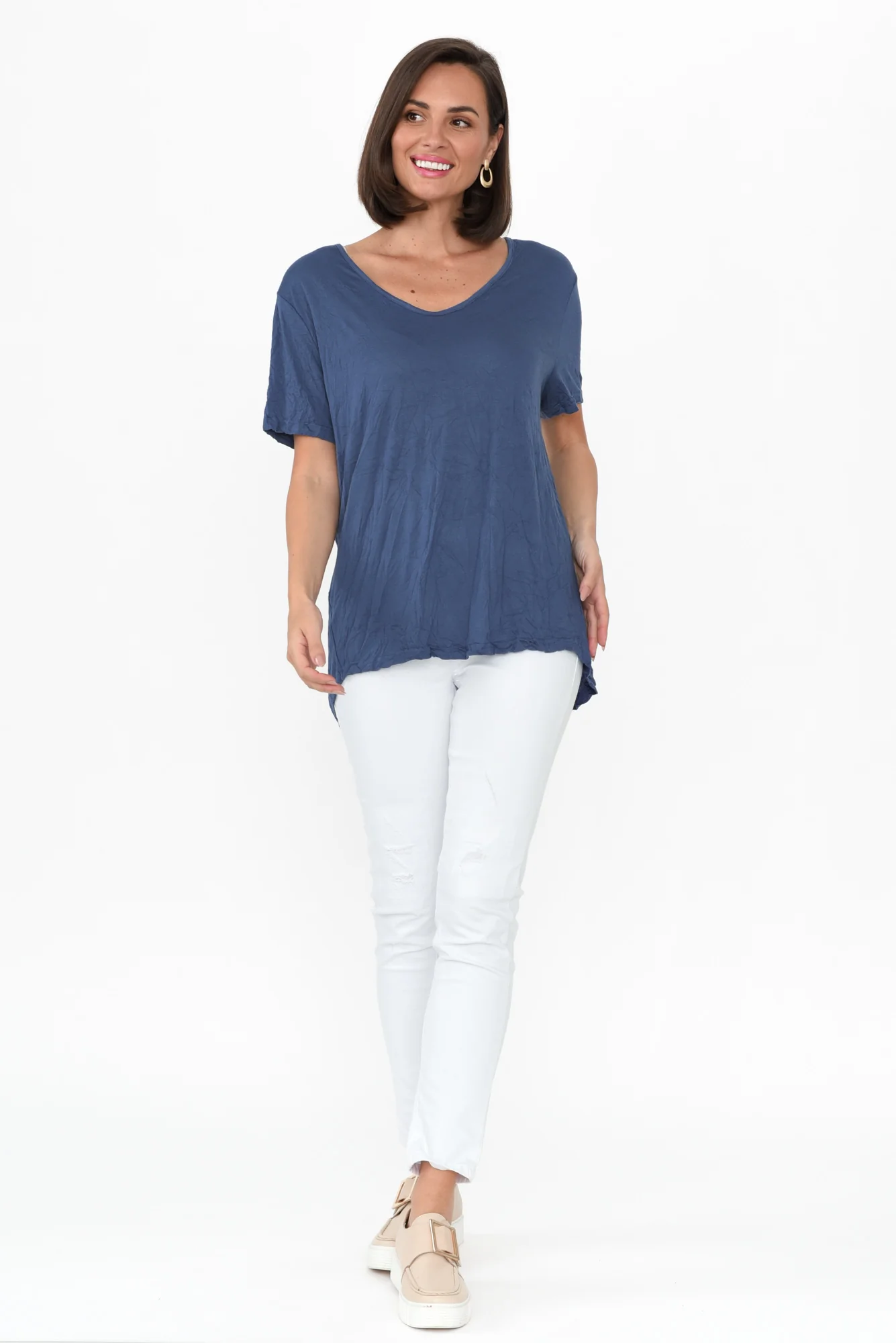 Marley Blue Crinkle Cotton Short Sleeve Top