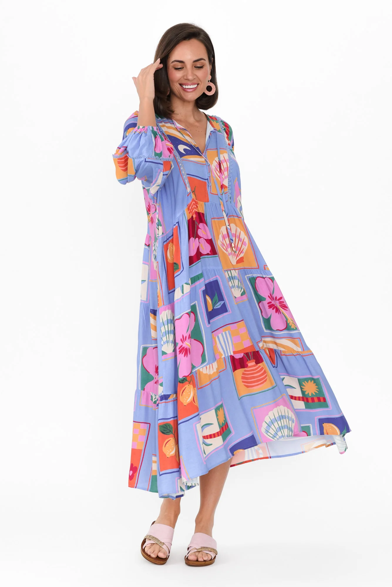 Minerva Blue Tile Puff Sleeve Dress