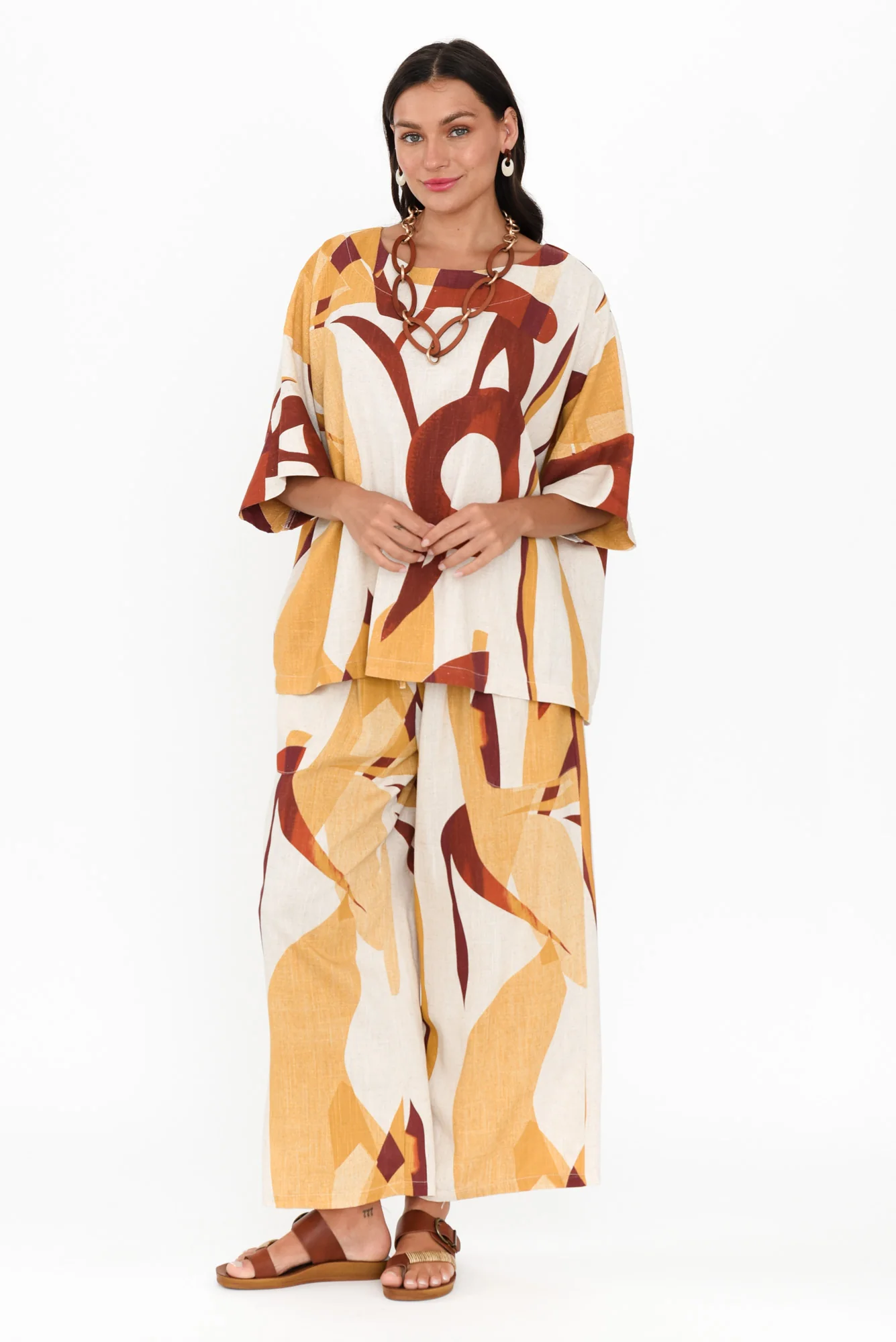 Alton Beige Abstract Linen Cotton Top