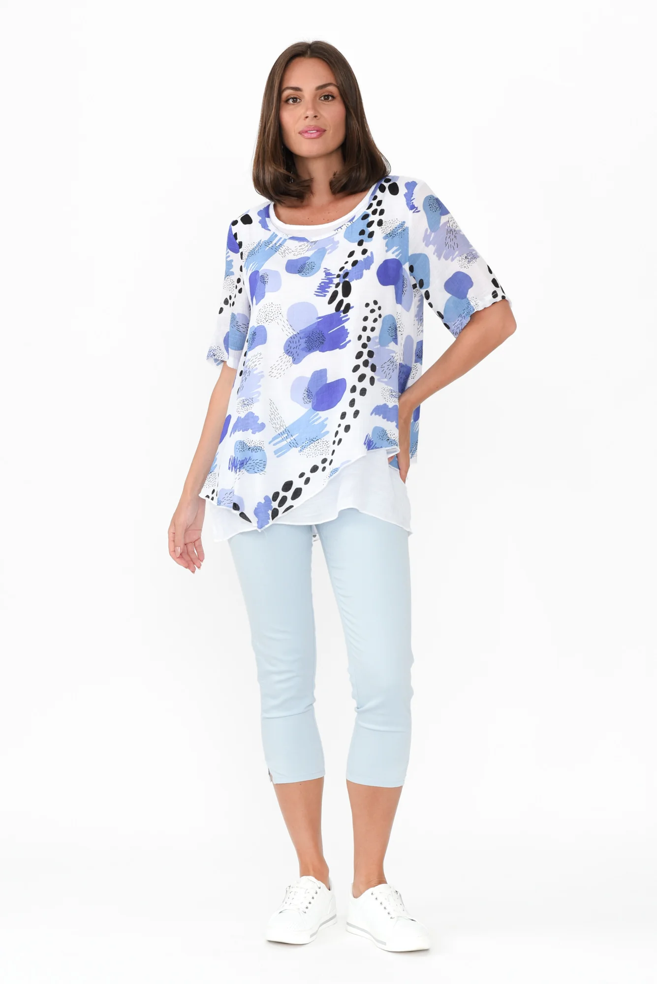 Nias Blue Abstract Cotton Linen Top