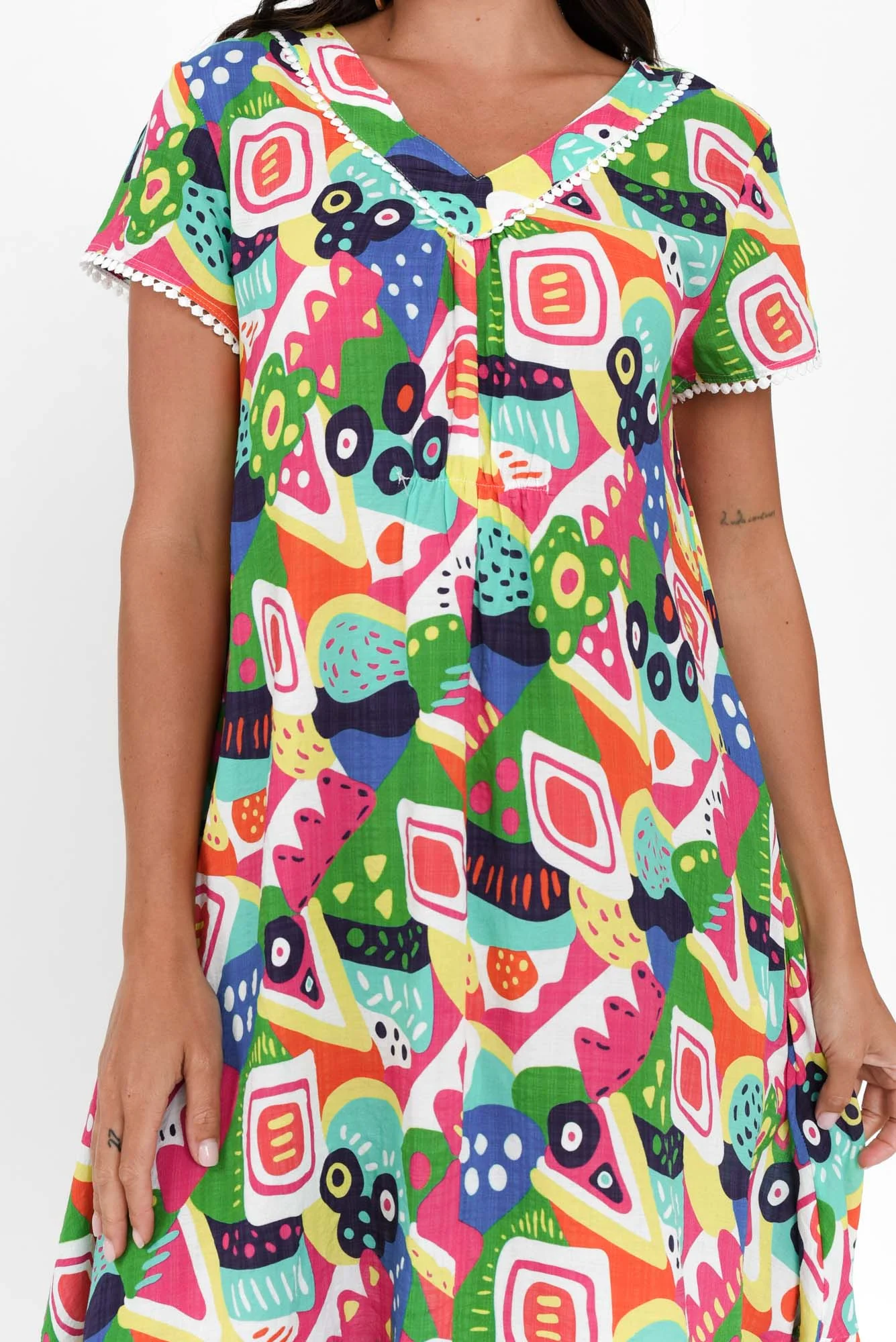 Katika Green Abstract Cotton V Neck Dress