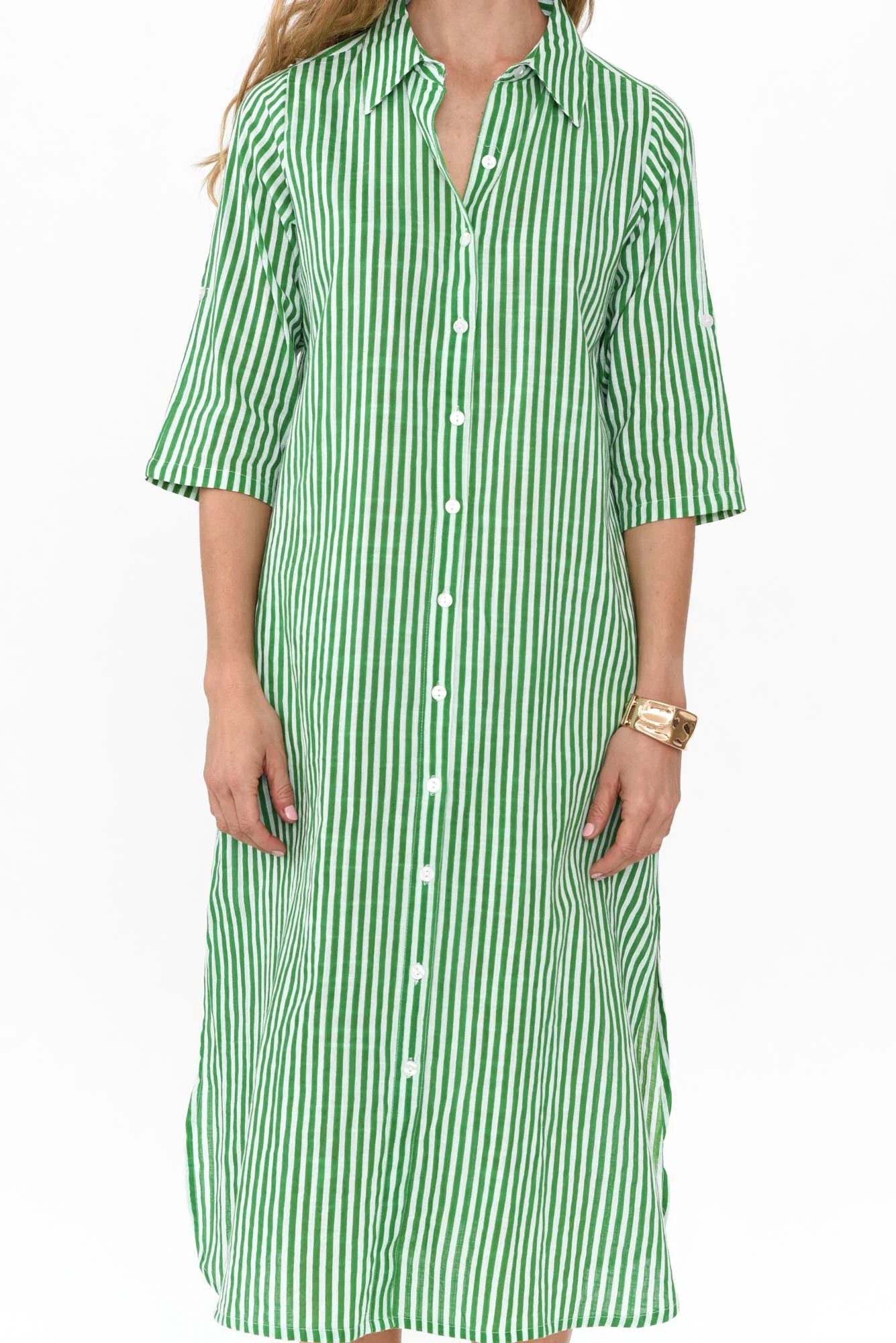 Tricia Green Stripe Cotton Shirt Dress