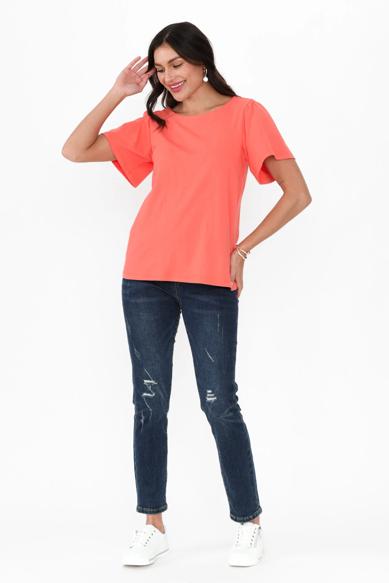 Calgary Coral Cotton Flutter Sleeve Top