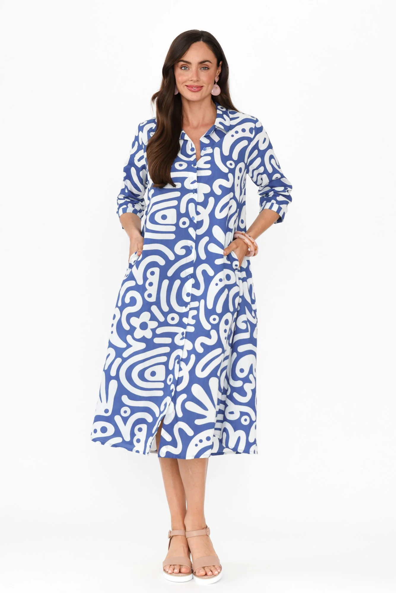 Cyra Blue Geo Cotton Collared Dress