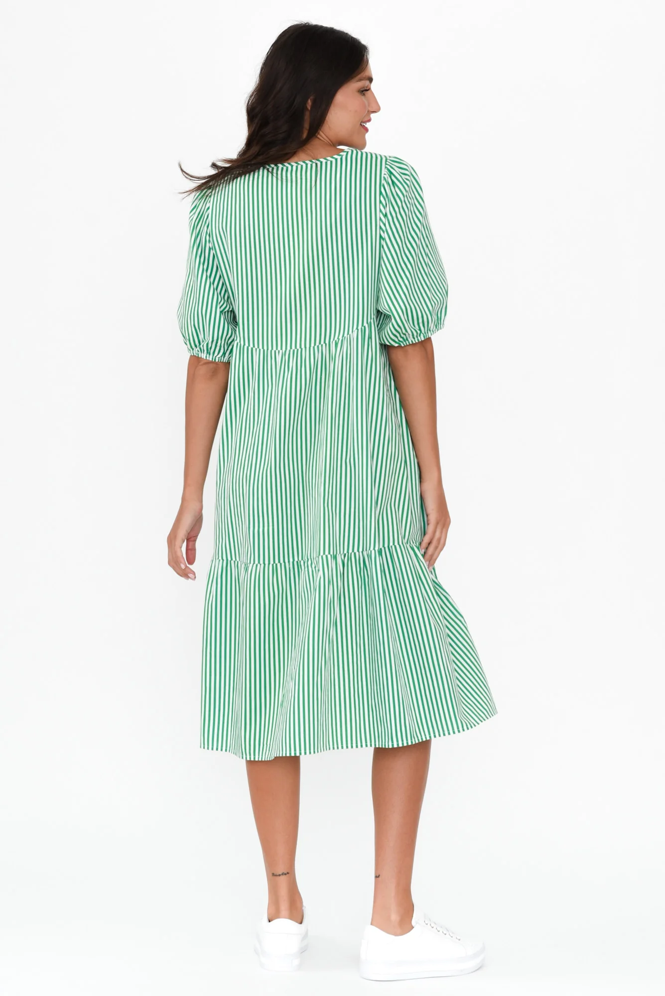 Zariah Green Stripe Cotton Tier Dress