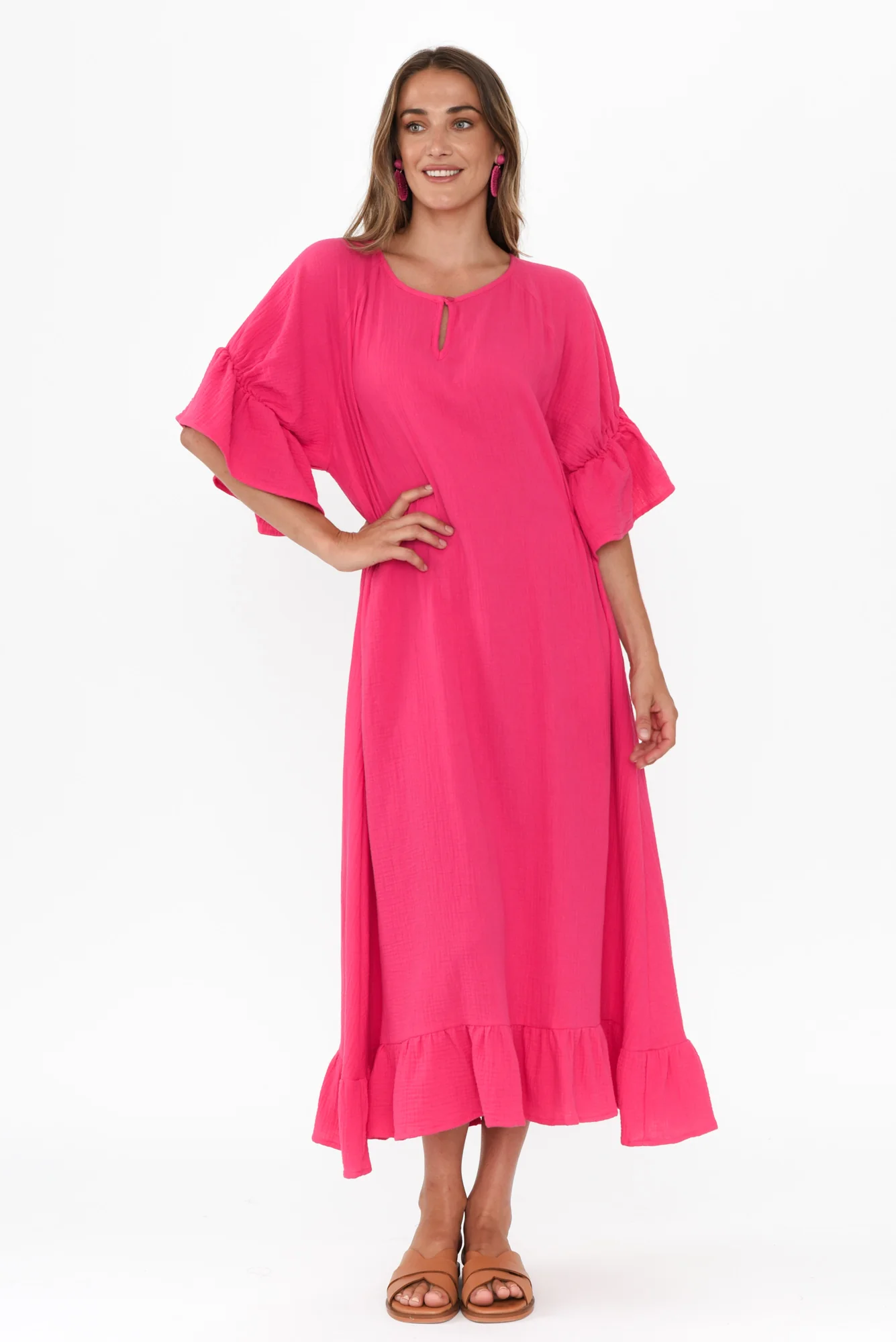 Lesi Fuchsia Cotton Cheesecloth Frill Dress