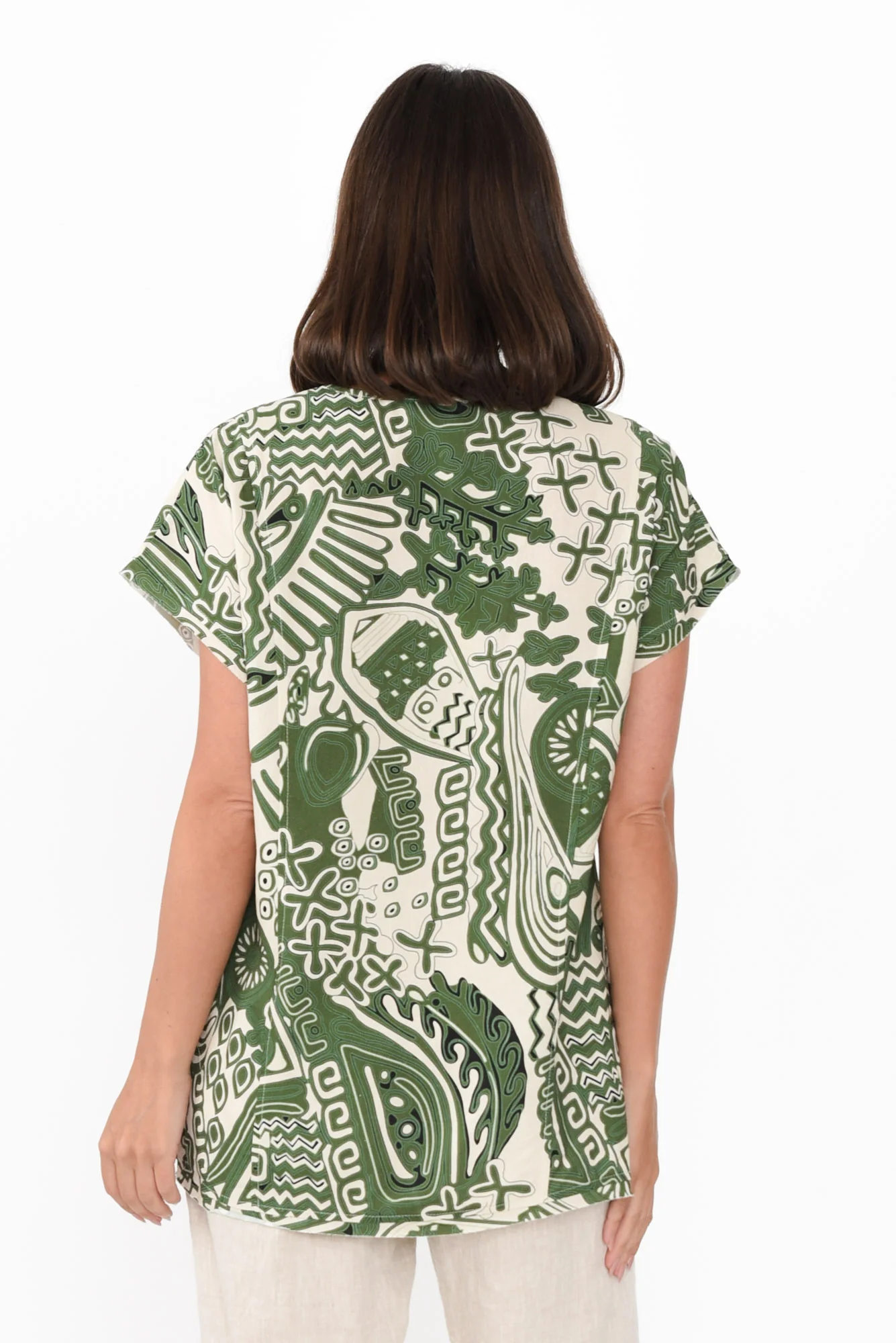 Terassa Green Abstract Linen Blend Top