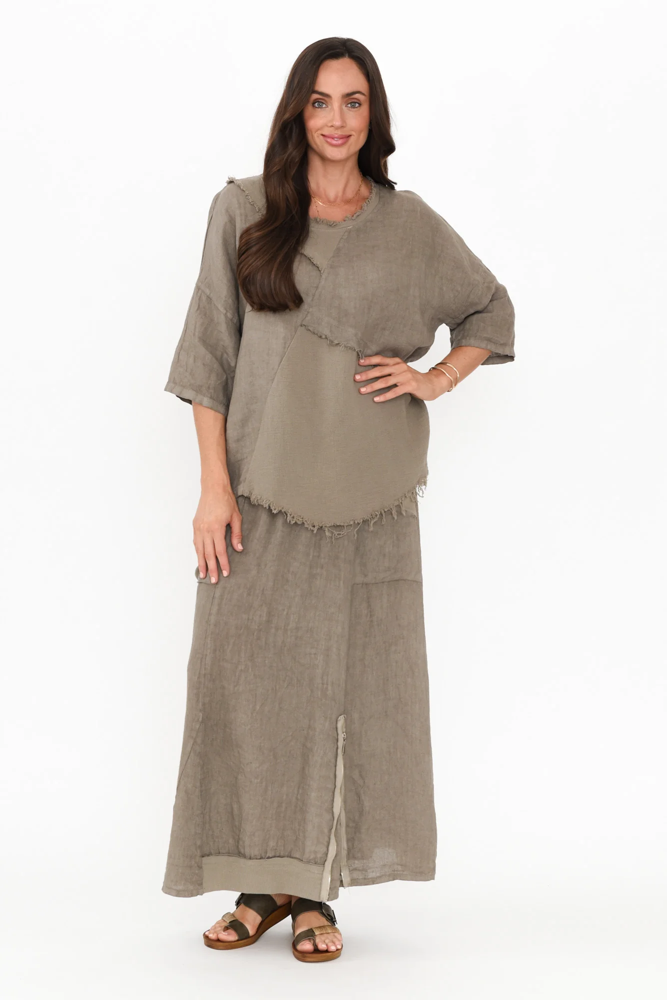 Denae Taupe Linen Frayed Top