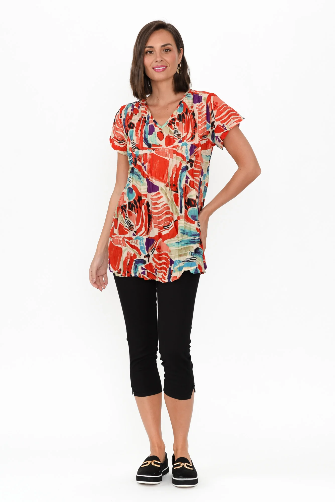 Fia Red Mosaic Crinkle Cotton Top