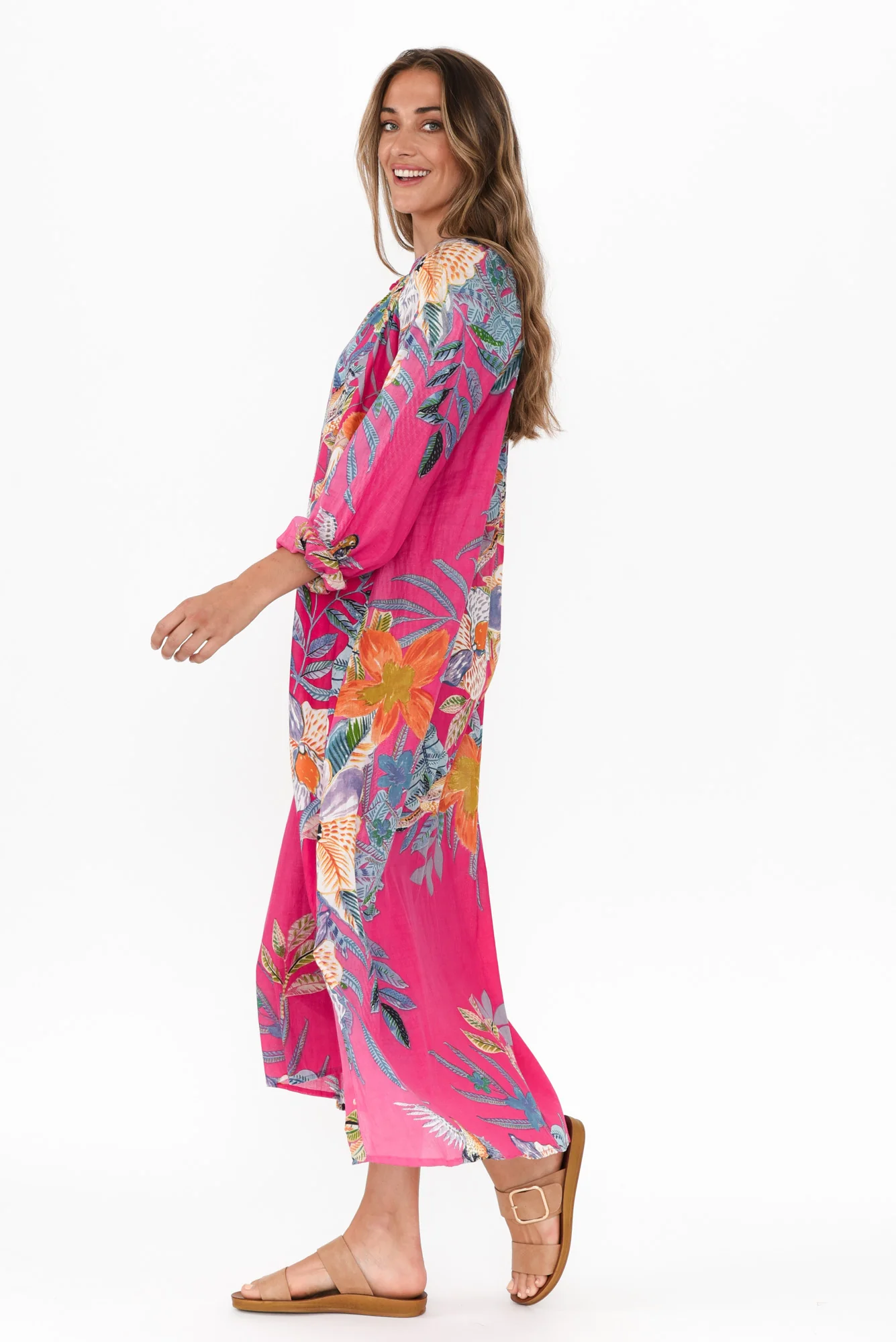 Liliana Pink Bird Cotton Kaftan