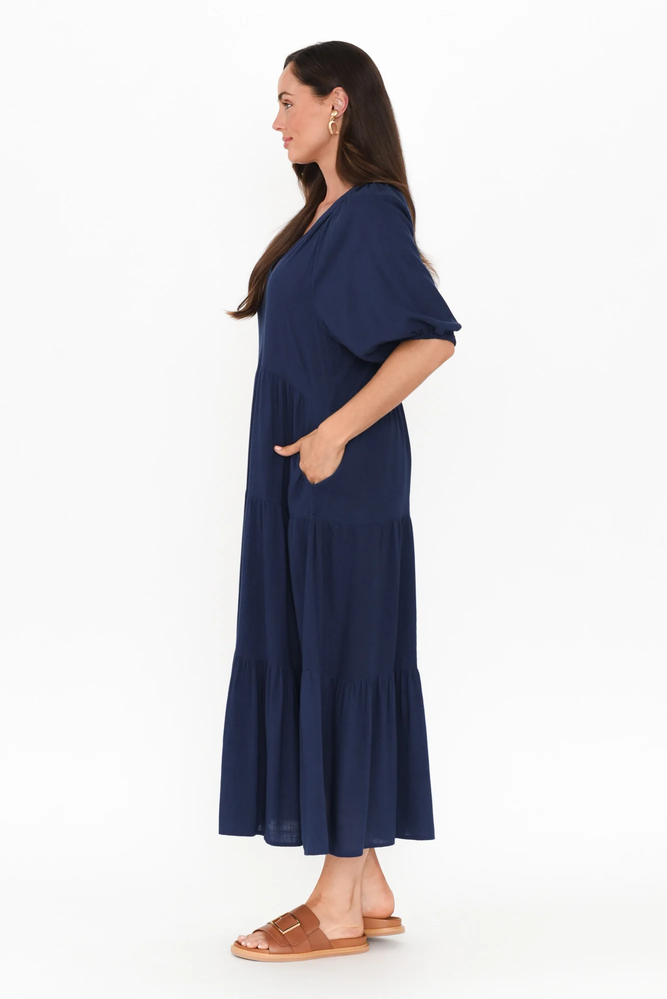 Imogene Navy Cotton Linen Tiered Dress